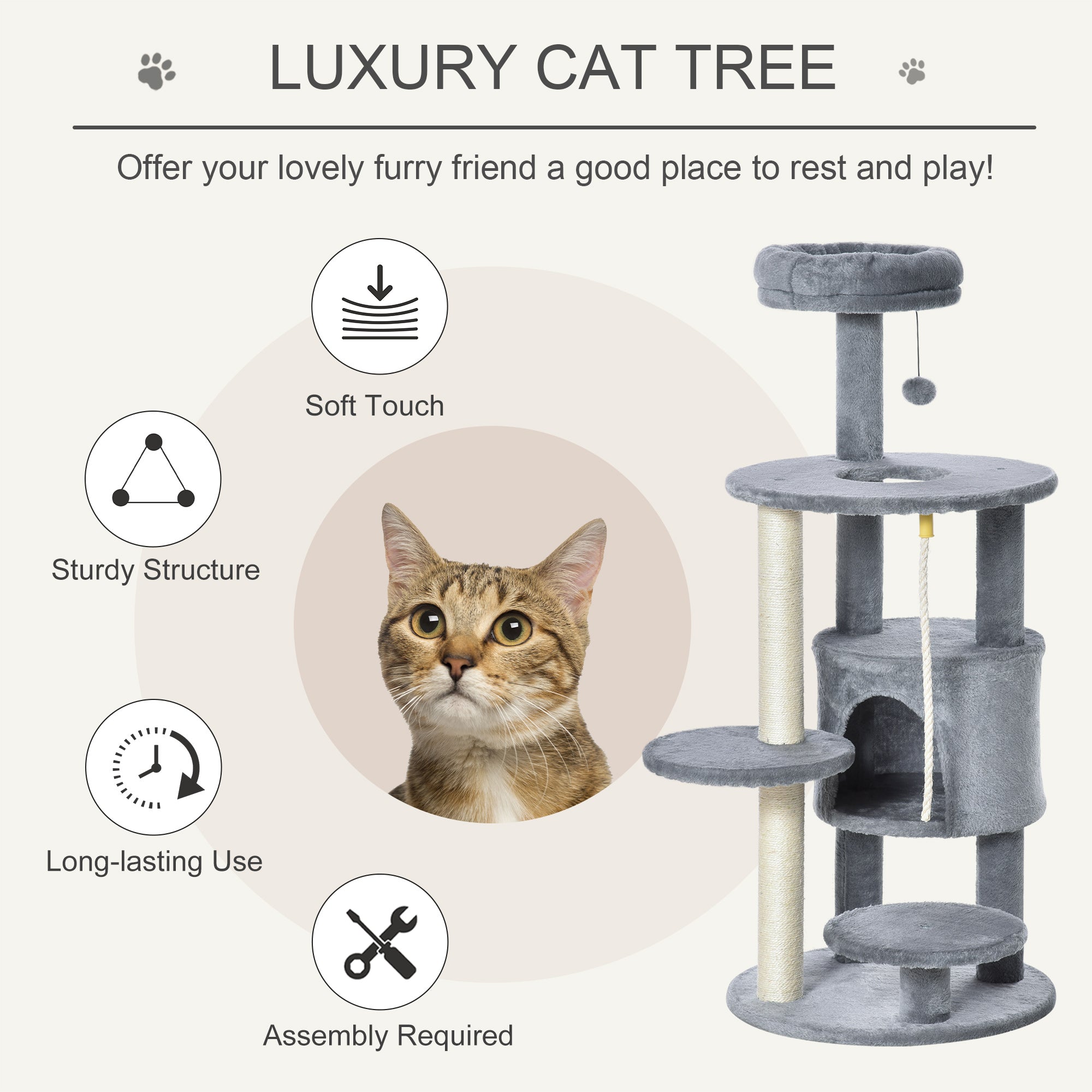 PawHut Cat Tree Tower, 112cm, with Jute Scratching Post, Perch, Hanging Ball, Teasing Rope for Climbing Kittens, Dark Grey |