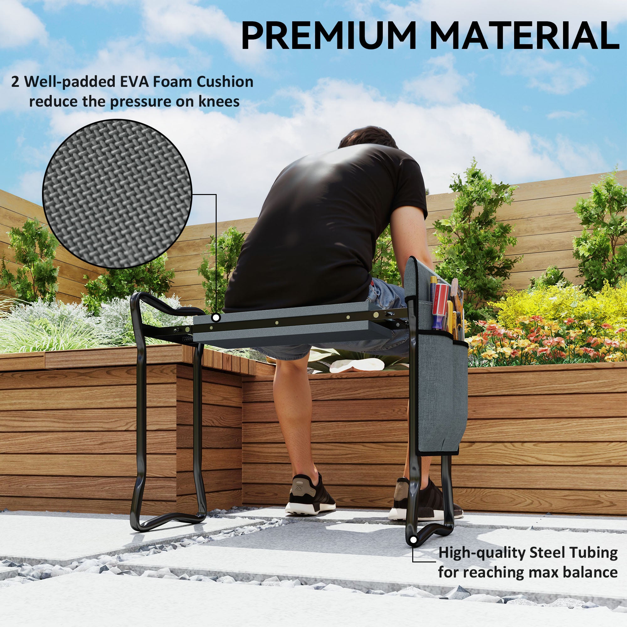 Outsunny 2 in 1 Garden Kneeler Seat, Kneeling Pad Support Bench, Foldable Knee Protector with Tool Bag, Grey - North Peak Garden Furniture