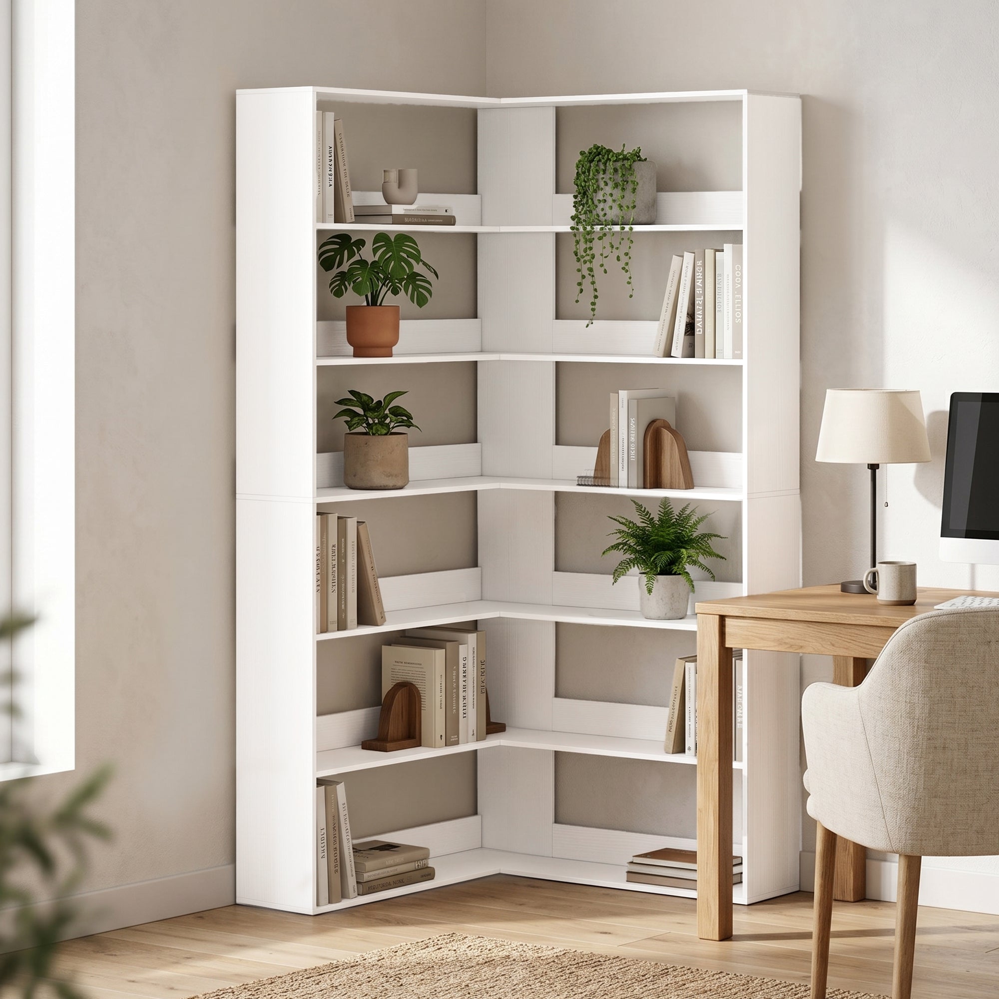HOMCOM 7 Tiers Bookshelf, L-Shaped Corner Bookcase with Anti-Slip Rear Guard, White Wood Effect