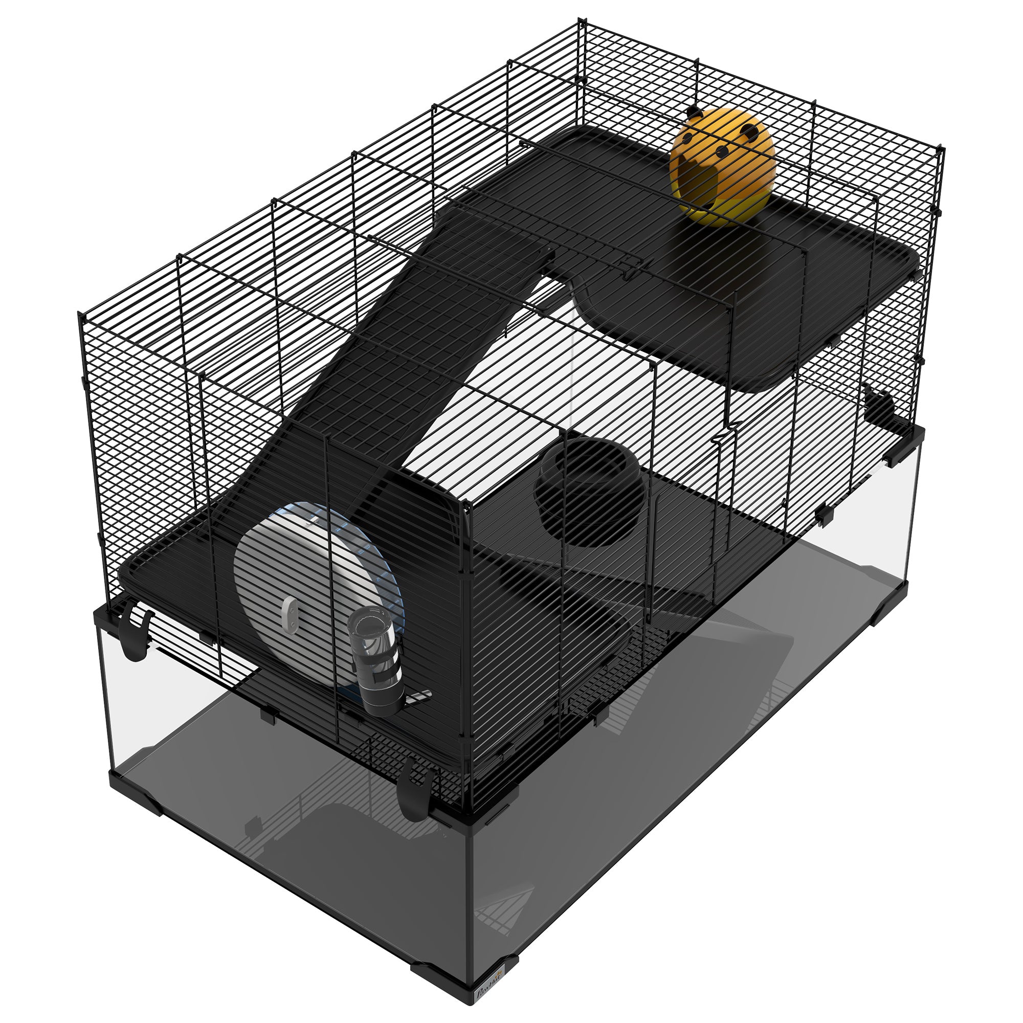 PawHut 3 Tiers Hamster Cage, Gerbil Cage with Deep Glass Bottom, Non-Slip Ramps, Platforms, Hut, Exercise Wheels, Water Bottle, Dish, for Syrian Hamster, Dwarf Hamster, 78.5 x 48.5 x 57cm - North Peak Garden Furniture