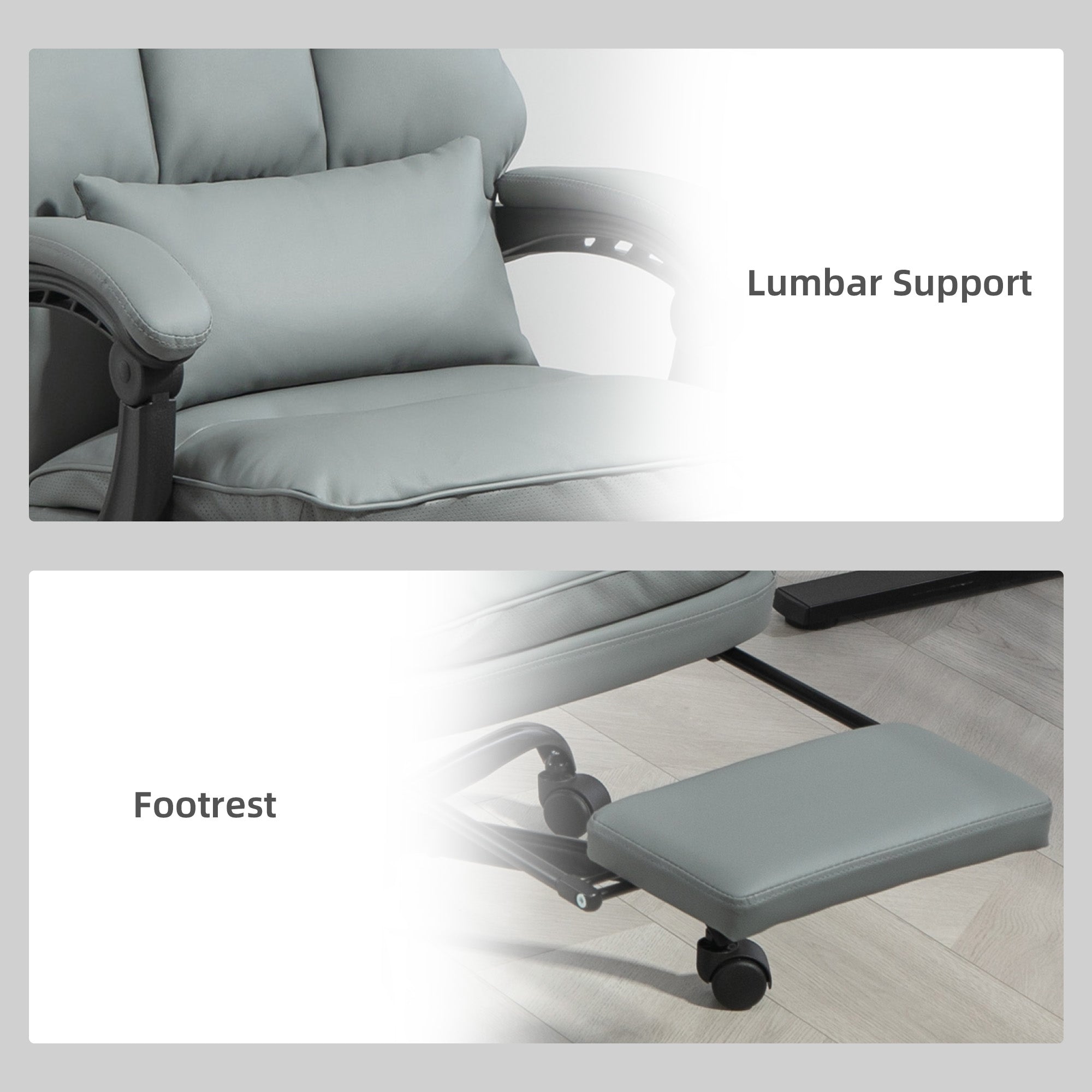 HOMCOM Faux Leather Reclining Office Chair, with Footrest - Grey - North Peak Garden Furniture