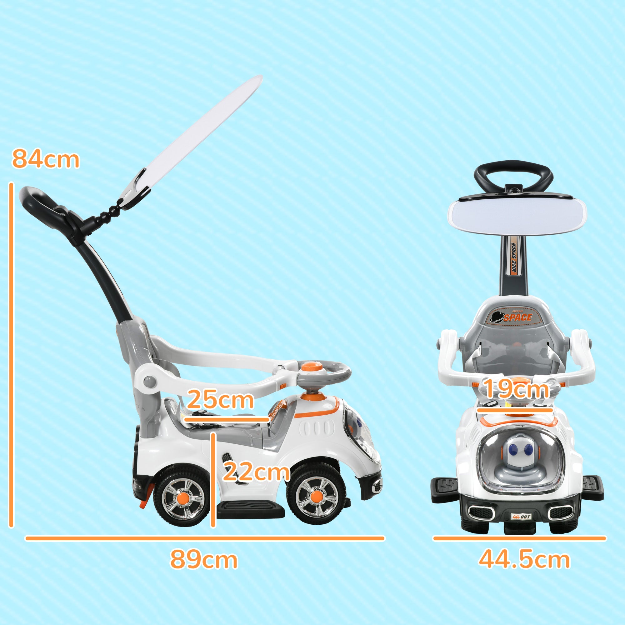 AIYAPLAY 3 in 1 Ride on Push Car, Cartoon Robot Theme Foot to Floor Slider w/ Handle Light Music Horn, Storage - White