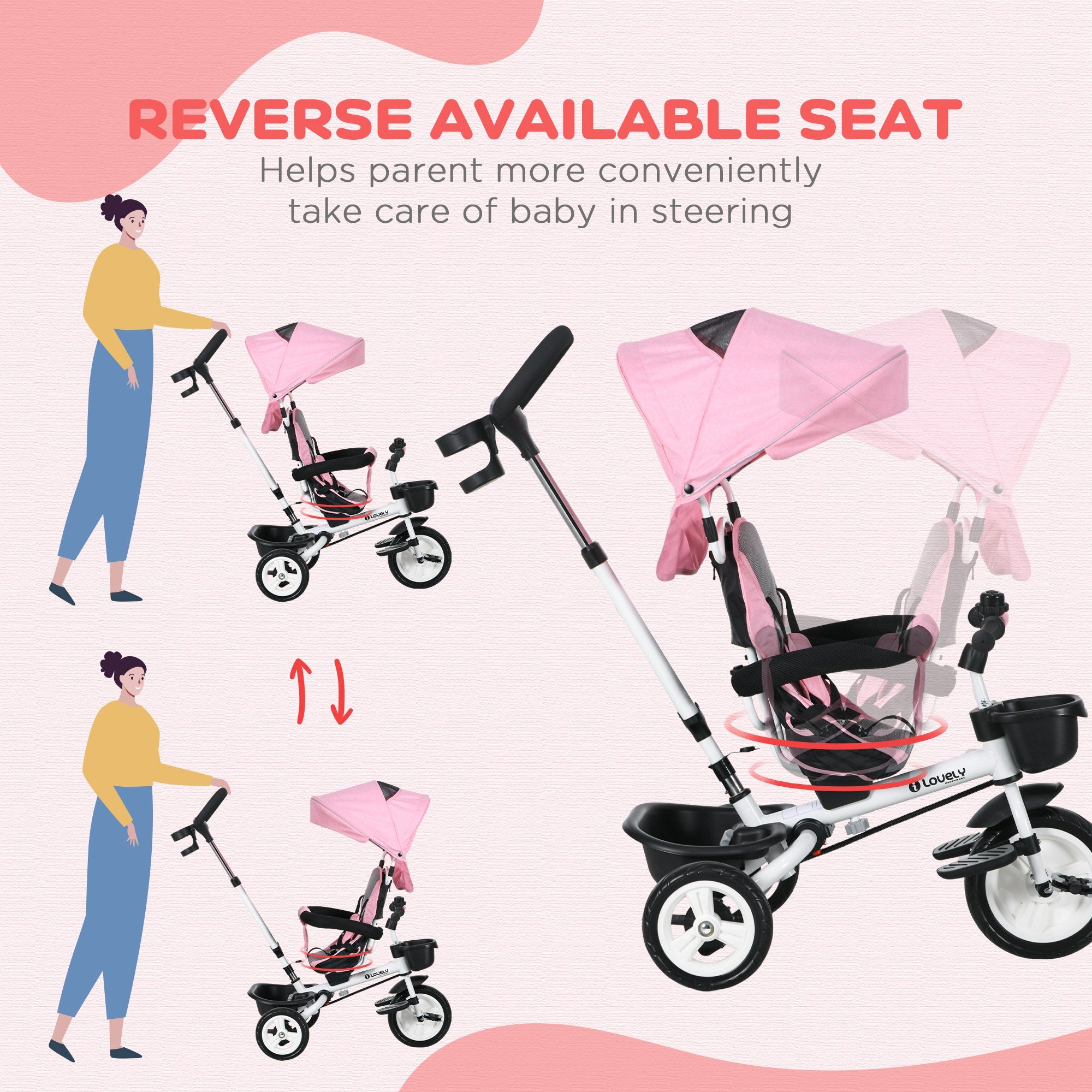 HOMCOM Metal Frame 6 in 1 Baby Push Tricycle with Parent Handle for 1-5 Years Old, Pink - North Peak Garden Furniture