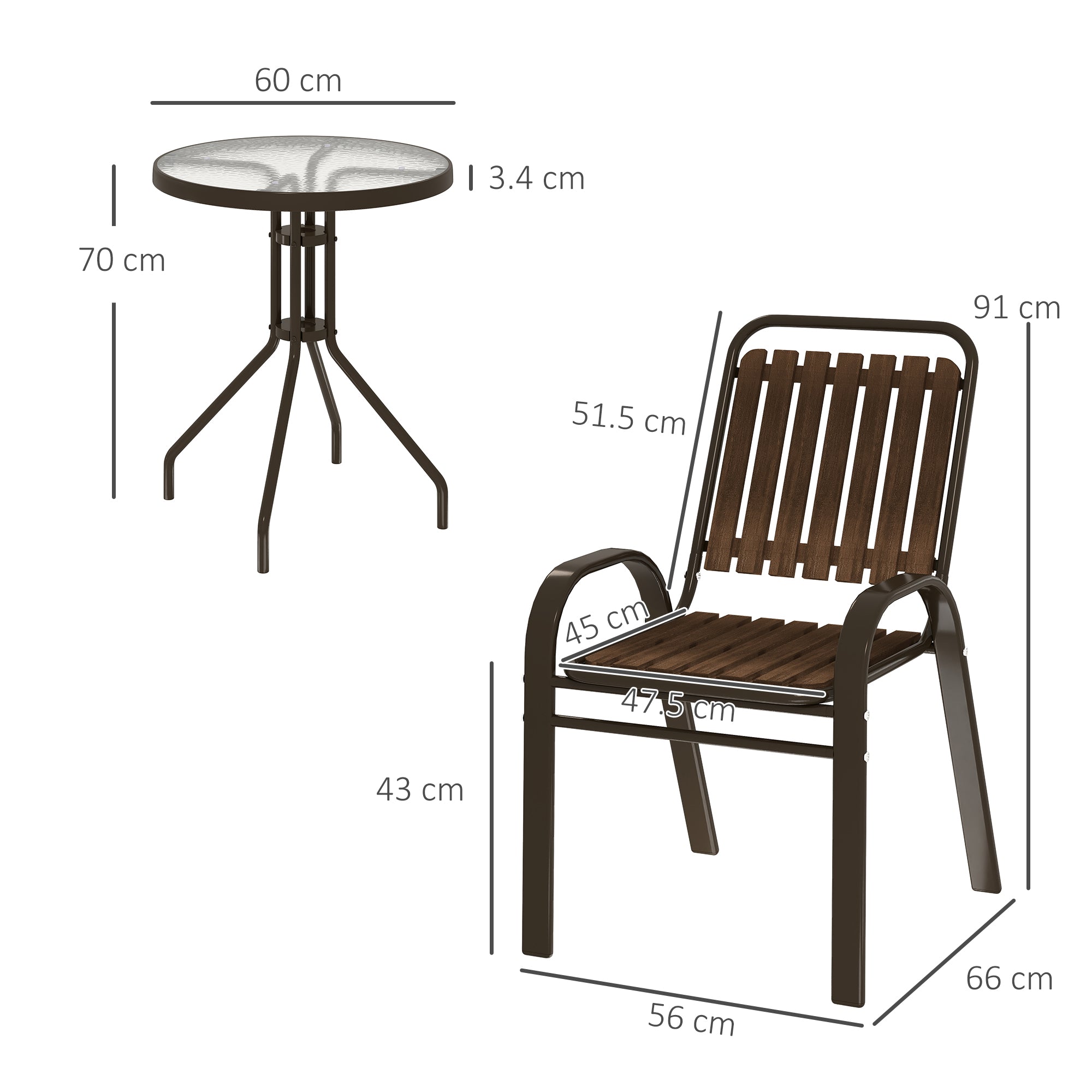 Outsunny 3 Pieces Patio Bistro Set with Stackable Chairs, Tempered Glass Table, for Outdoor, Balcony, Patio, Garden, Dark Brown