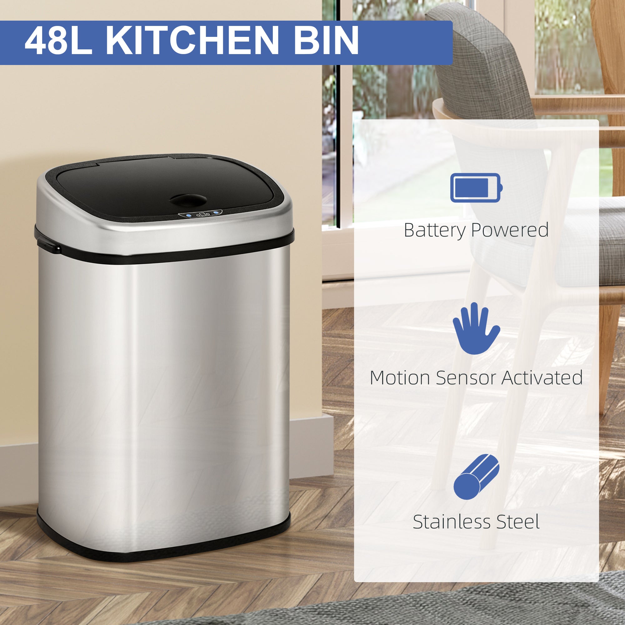 HOMCOM Stainless Steel Kitchen Sensor Dustbin Automatic Touchless Rubbish Garbage Waste Bin 48L Silver - North Peak Garden Furniture