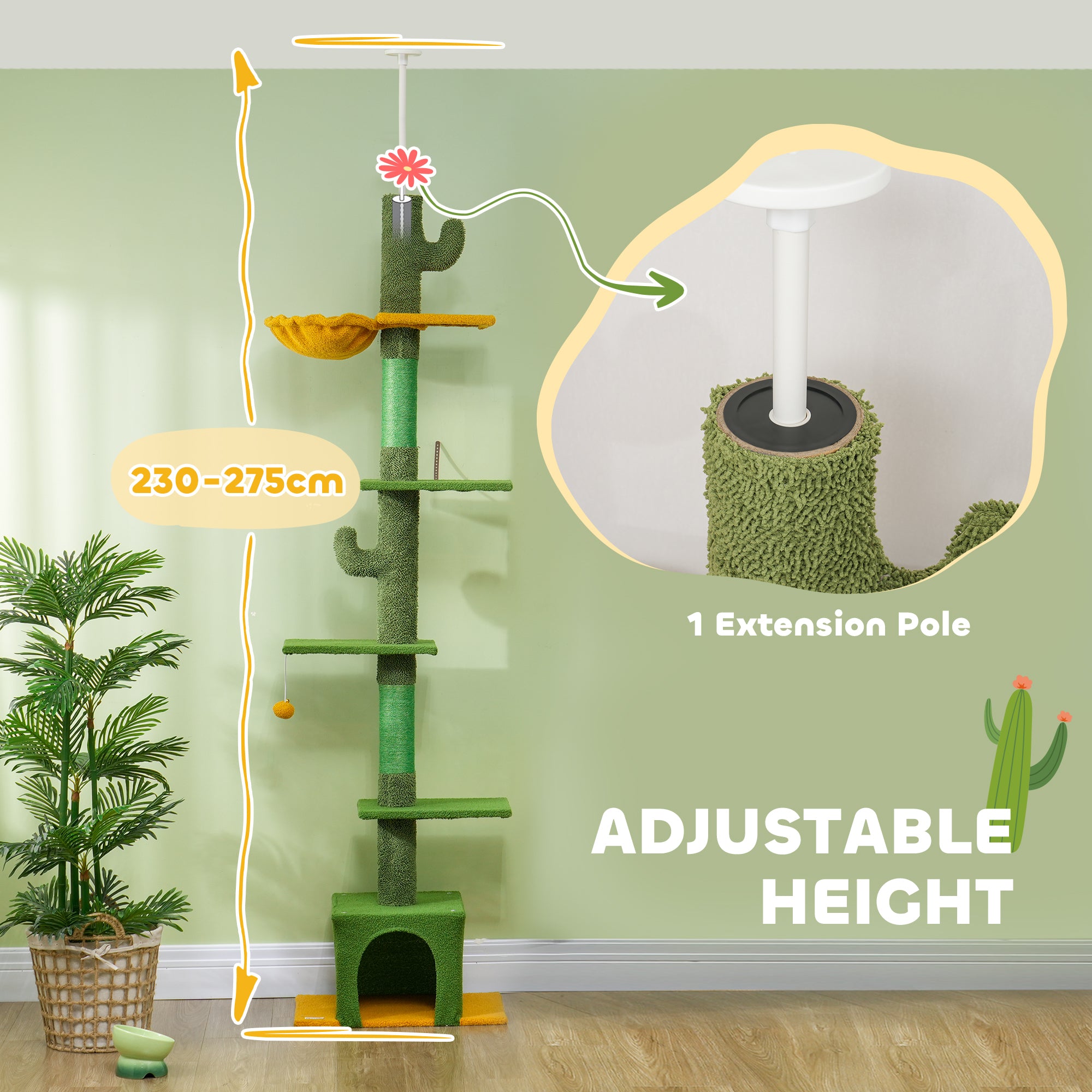 PawHut 230-275cm Floor-to-Ceiling Adjustable Cat Tree with Scratching Posts, Hammock - North Peak Garden Furniture