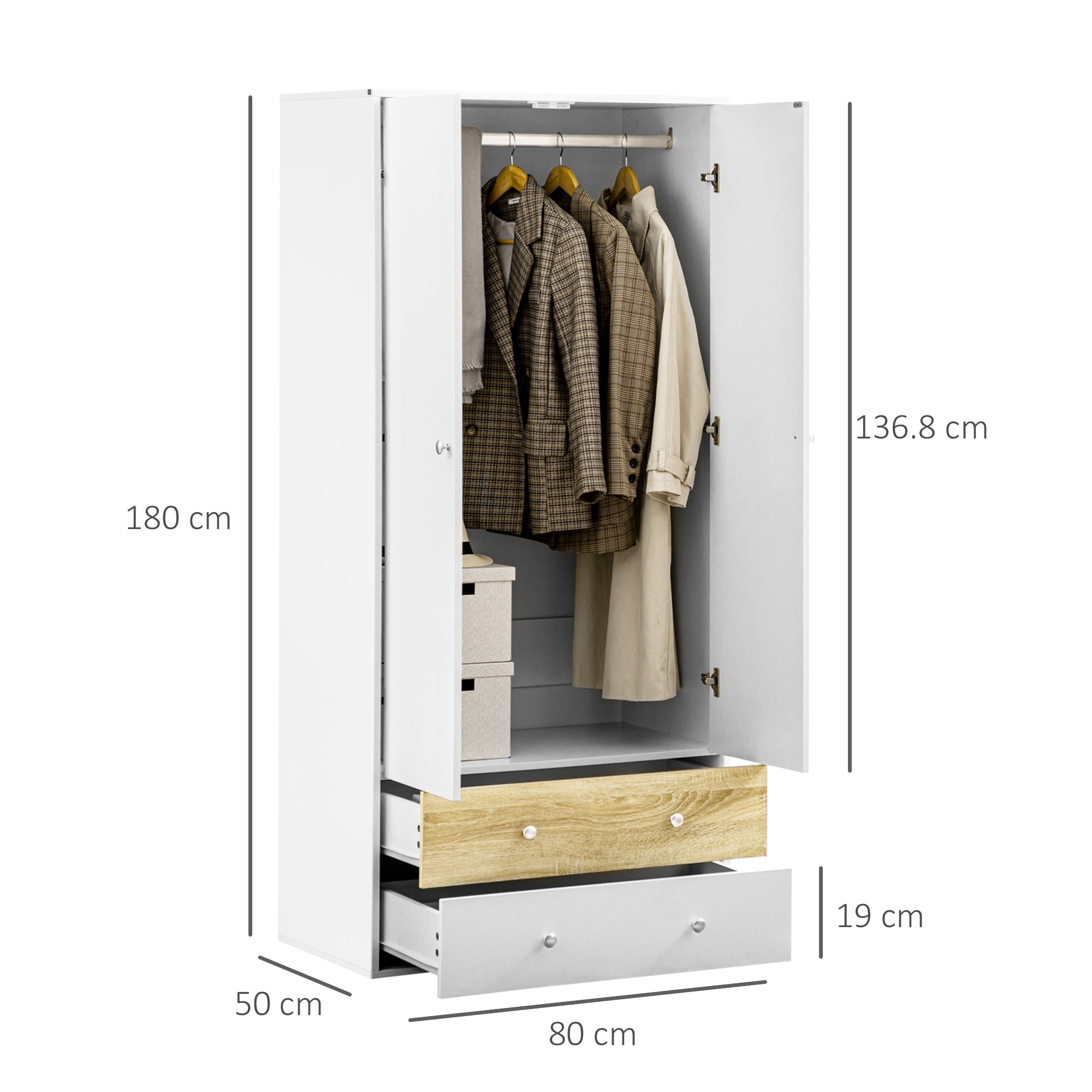 HOMCOM 2-Door Wardrobe with 2 Drawers, Hanging Rod and Anti-tipping Straps for Bedroom Clothes Storage Organisation, White - North Peak Garden Furniture