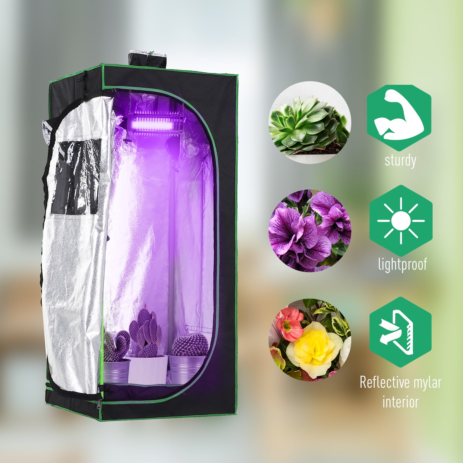 Outsunny Mylar Hydroponic Grow Tent with Adjustable Vents and Floor Tray for Indoor Plant Growing, 60 x 60 x 140cm - North Peak Garden Furniture