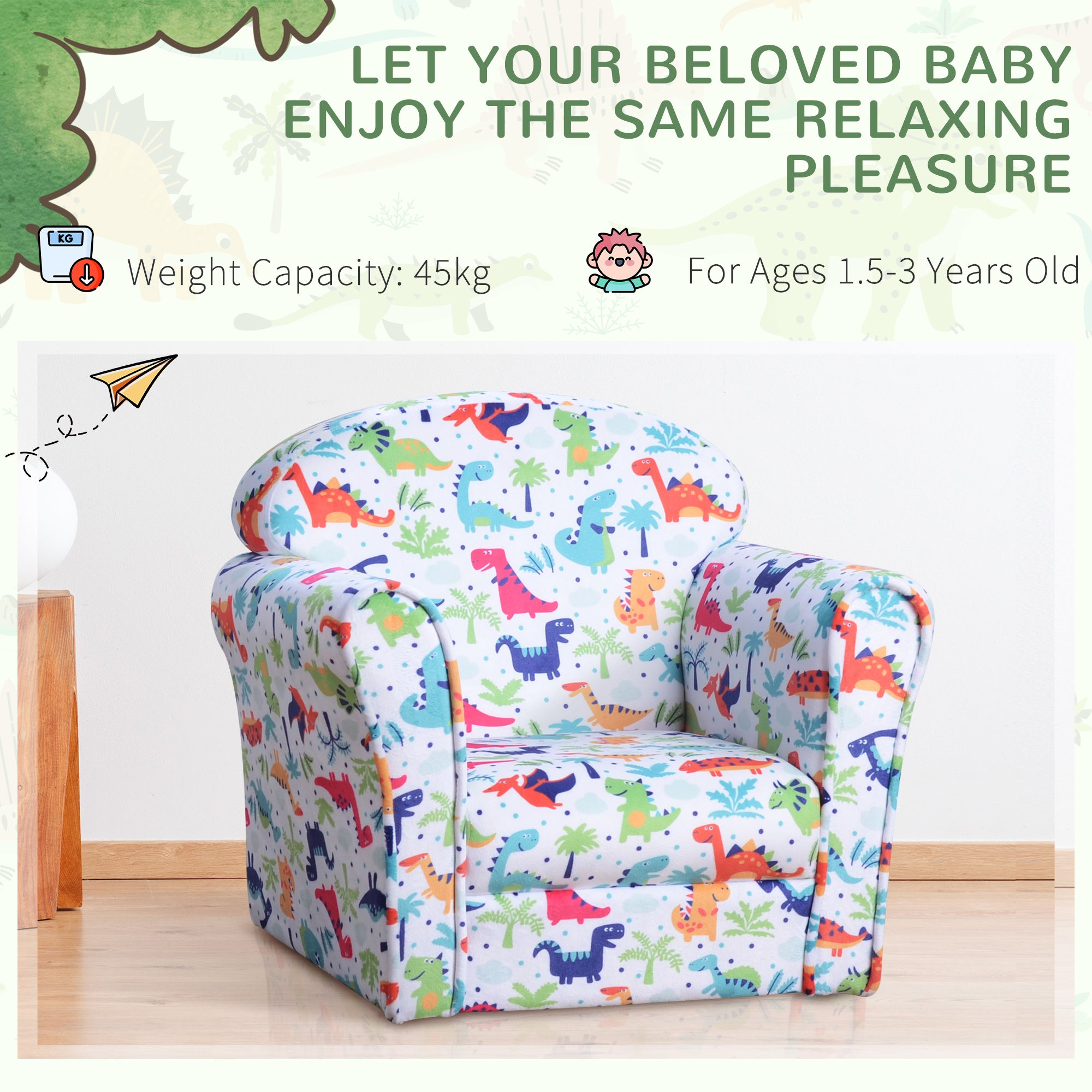 HOMCOM Children Armchair Kids Sofa Tub Chair Seat Cartoon Dinosaur Pattern Bedroom Flannel Wooden Frame Non-slip Playroom Seater - North Peak Garden Furniture