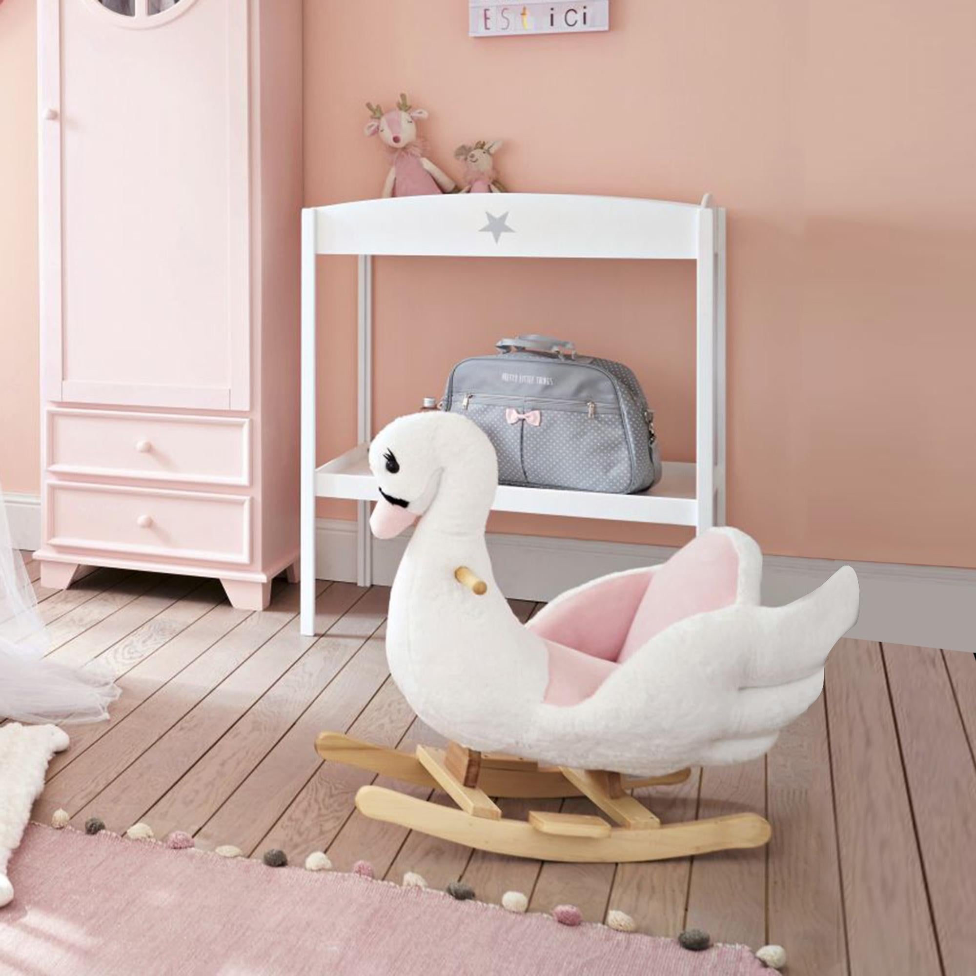 HOMCOM Kids Rocking Horse Plush Ride On Swan Toy w/ Safety Seat for Toddler 18 Months +, White and Pink - North Peak Garden Furniture