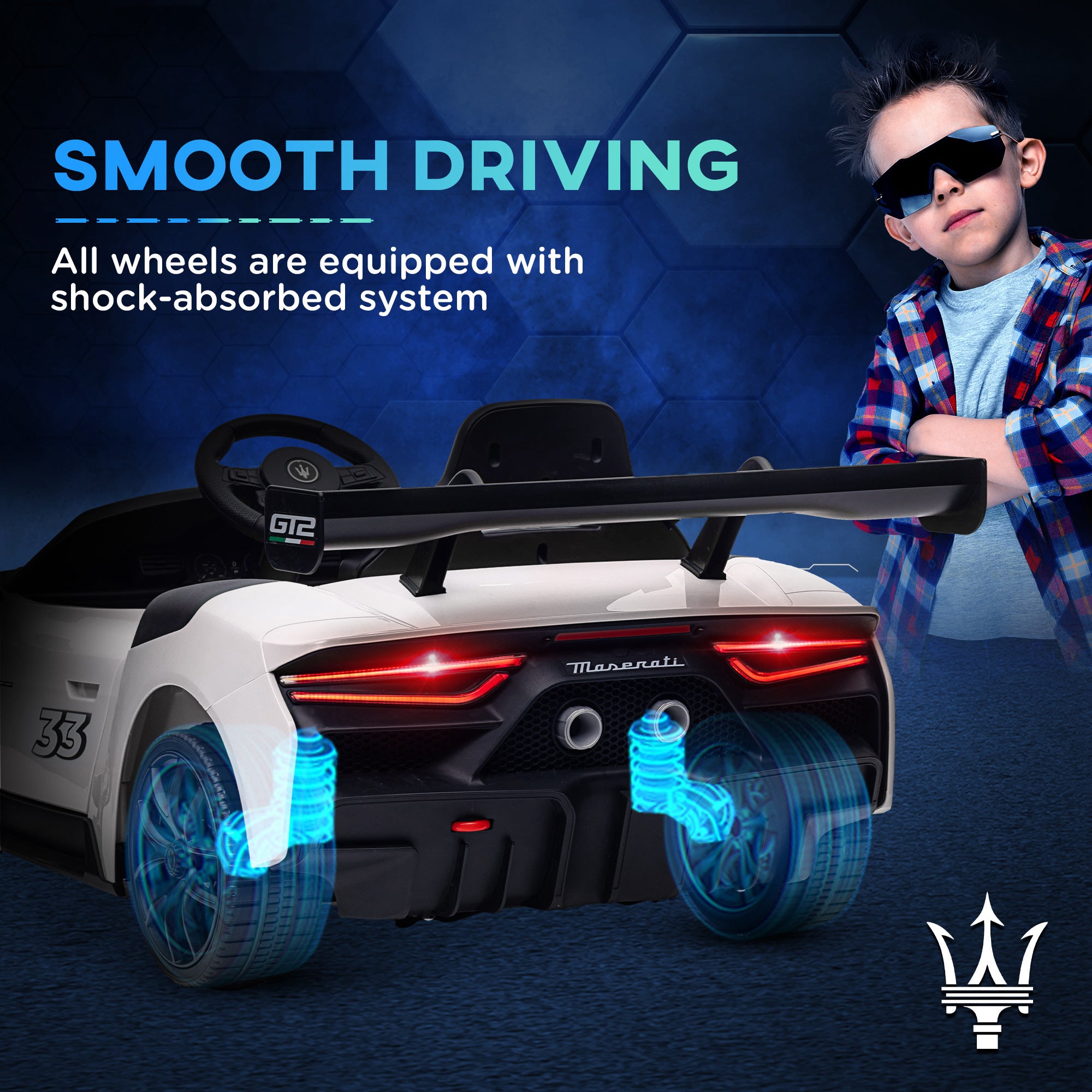 AIYAPLAY Maserati GT2 Licensed 12V Kids Electric Ride on Car with 4 Suspension, Remote Control Music Horn Lights - White - North Peak Garden Furniture