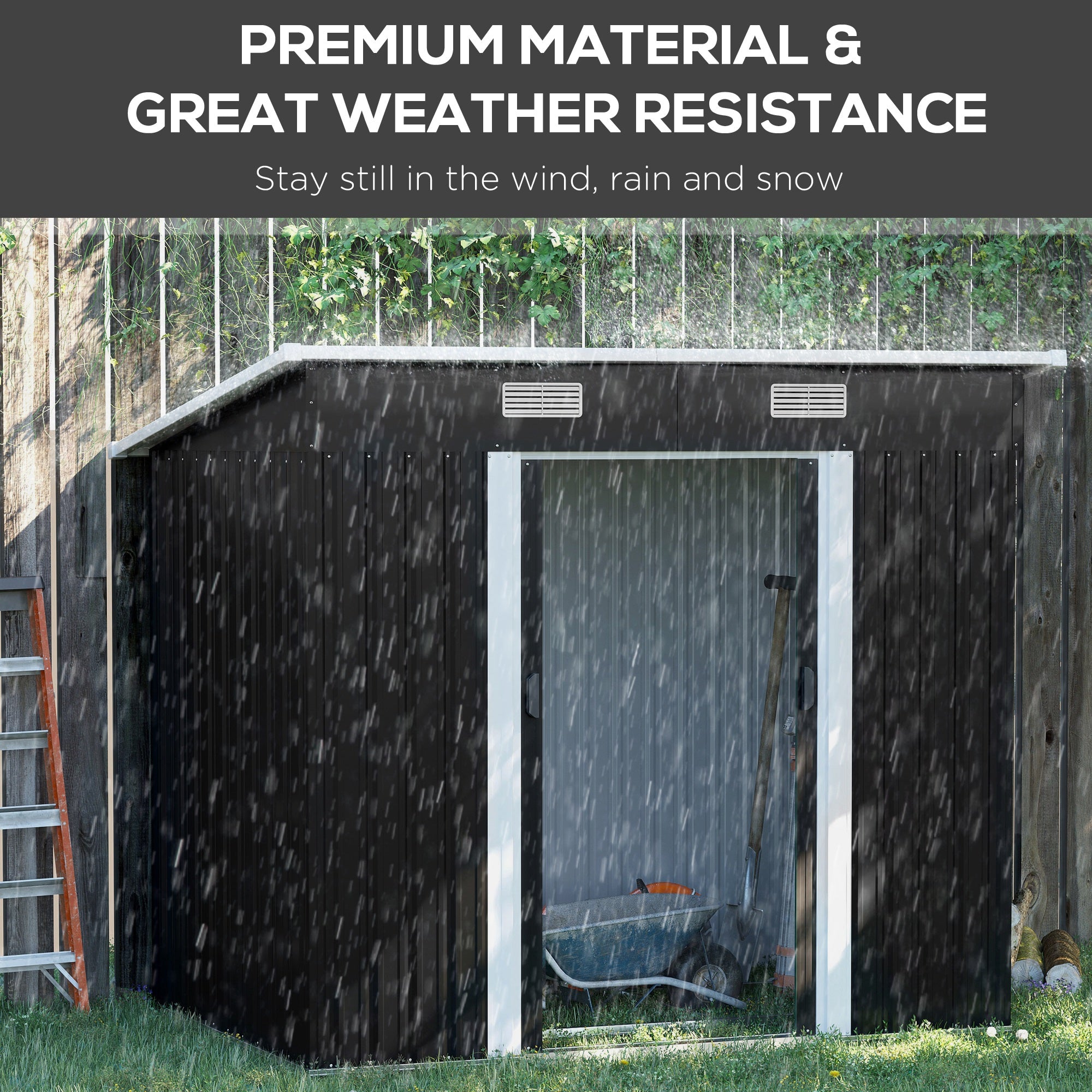 Outsunny 7 x 4ft Outdoor Storage Shed with Foundation Kit, Lean to Metal Garden Shed for Log, Rubbish Bin, Tool, Lawnmower, Bike, Patio and Lawn Use, Black - North Peak Garden Furniture