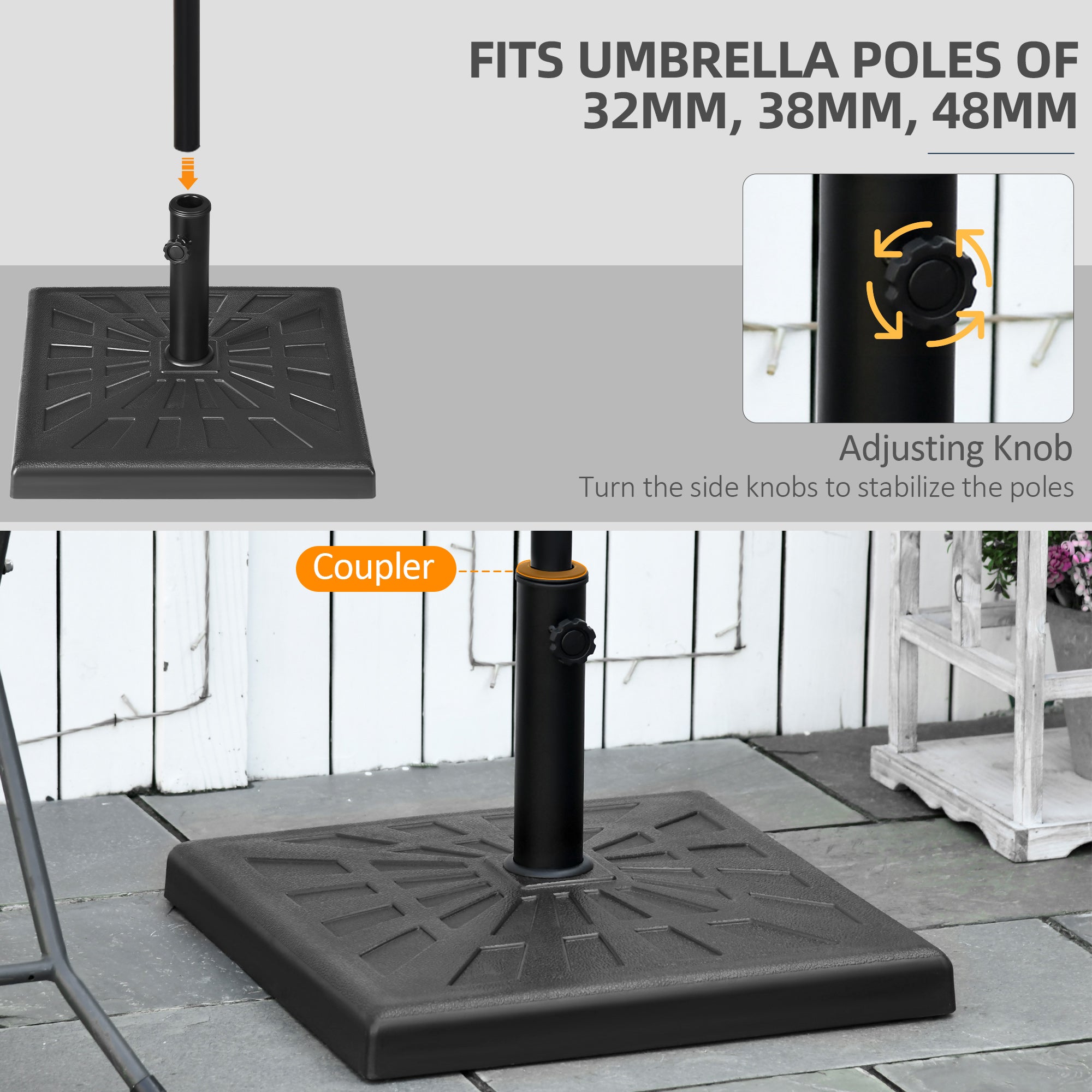 Outsunny 19kg Resin Garden Parasol Base Holder, Square Outdoor Market Umbrella Stand Weight for Poles of Φ32mm, Φ38mm, and Φ48mm, Black - North Peak Garden Furniture