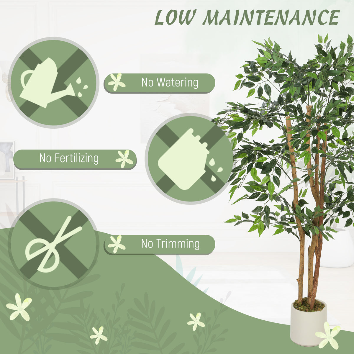 HOMCOM 150cm Artificial Ficus Tree, Fake Potted Tree with Solid Wood Trunk and Pot for Indoor, Green
