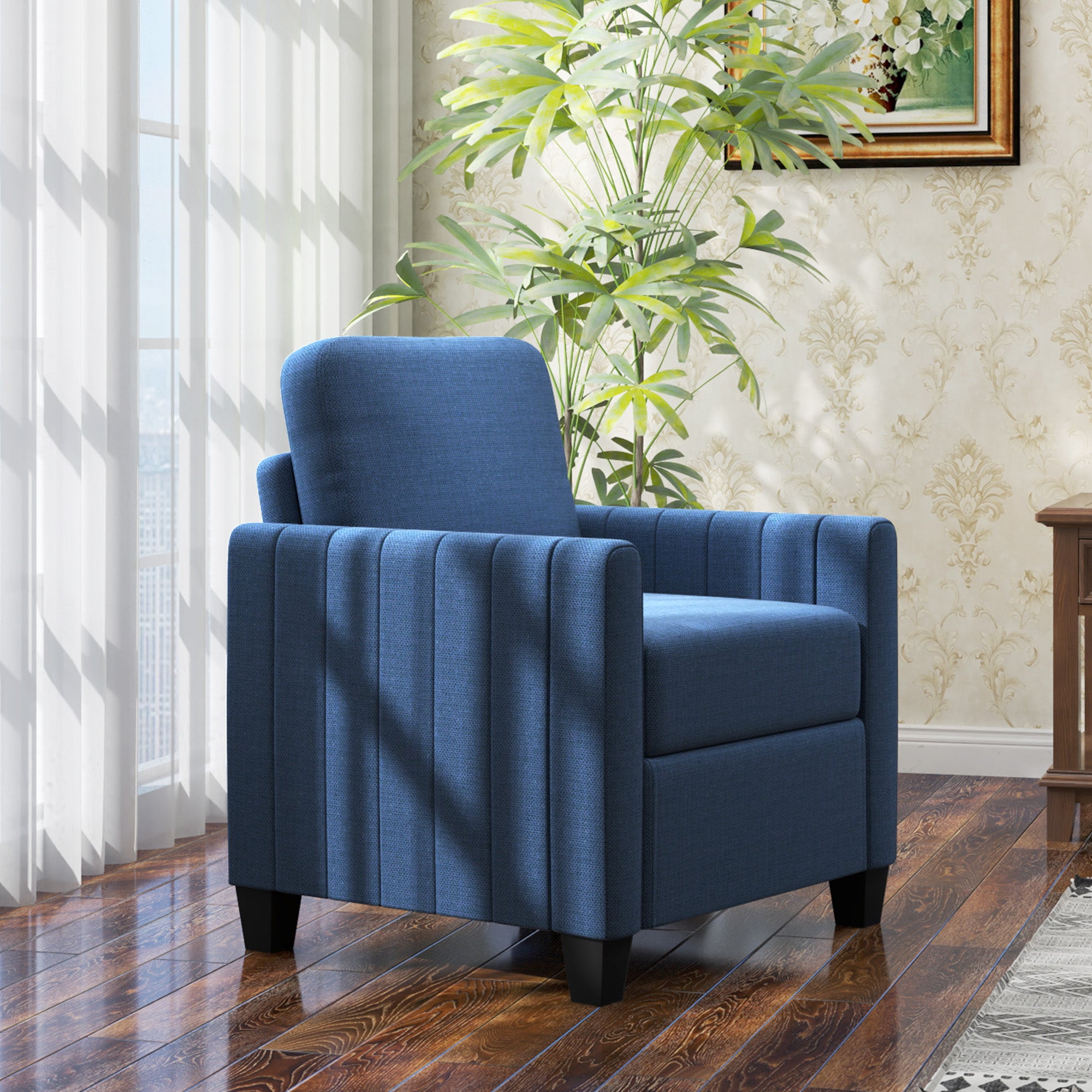HOMCOM Modern Boxy Linen-Look Armchair - Blue - North Peak Garden Furniture