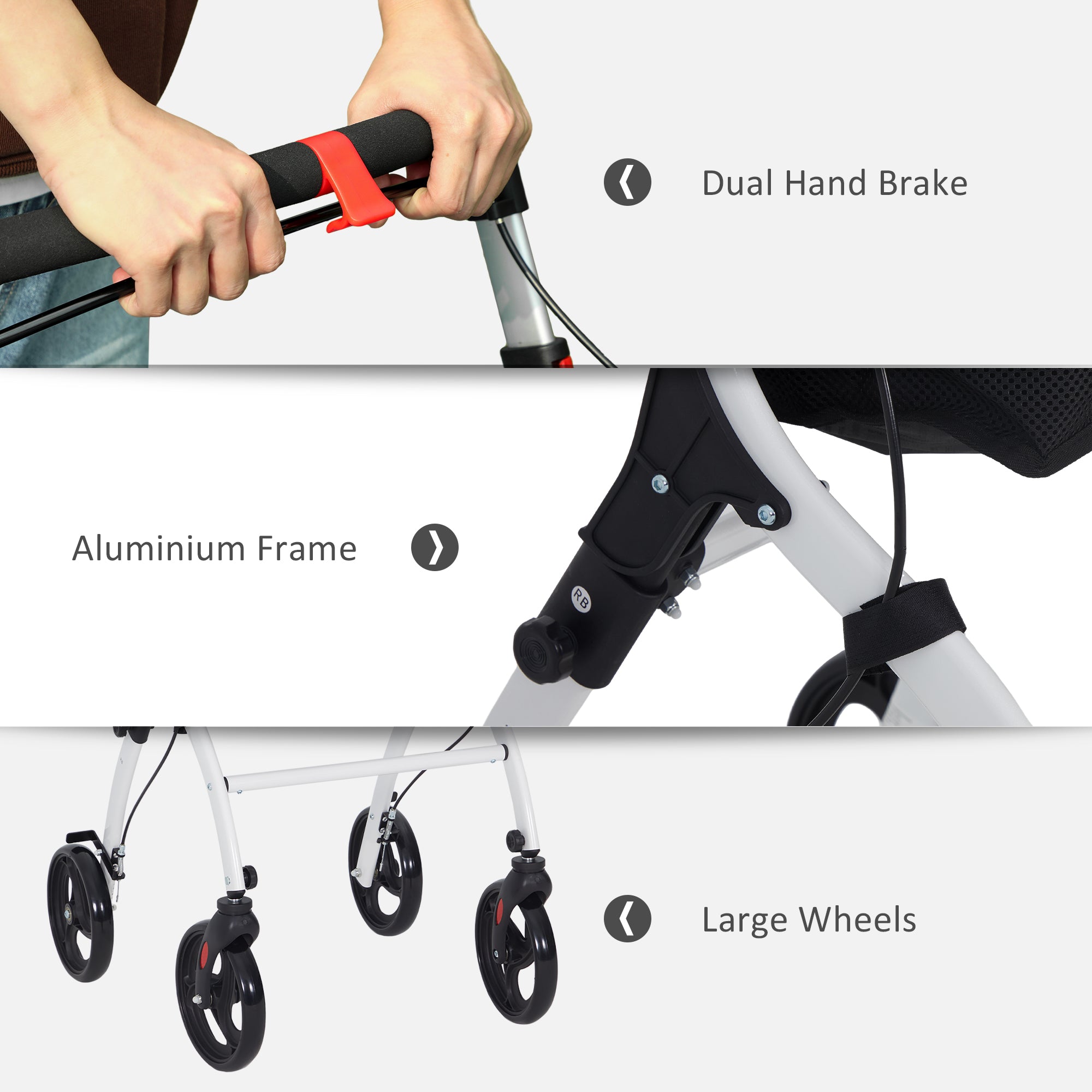 HOMCOM Folding Upright Rollator Walker with Lightweight Walking Frame, Storage Bag, Tray, Dual Brakes, Adjustable Handle Height, Mobility Aid Rolling 4 Wheeled Walker for Seniors, White - North Peak Garden Furniture