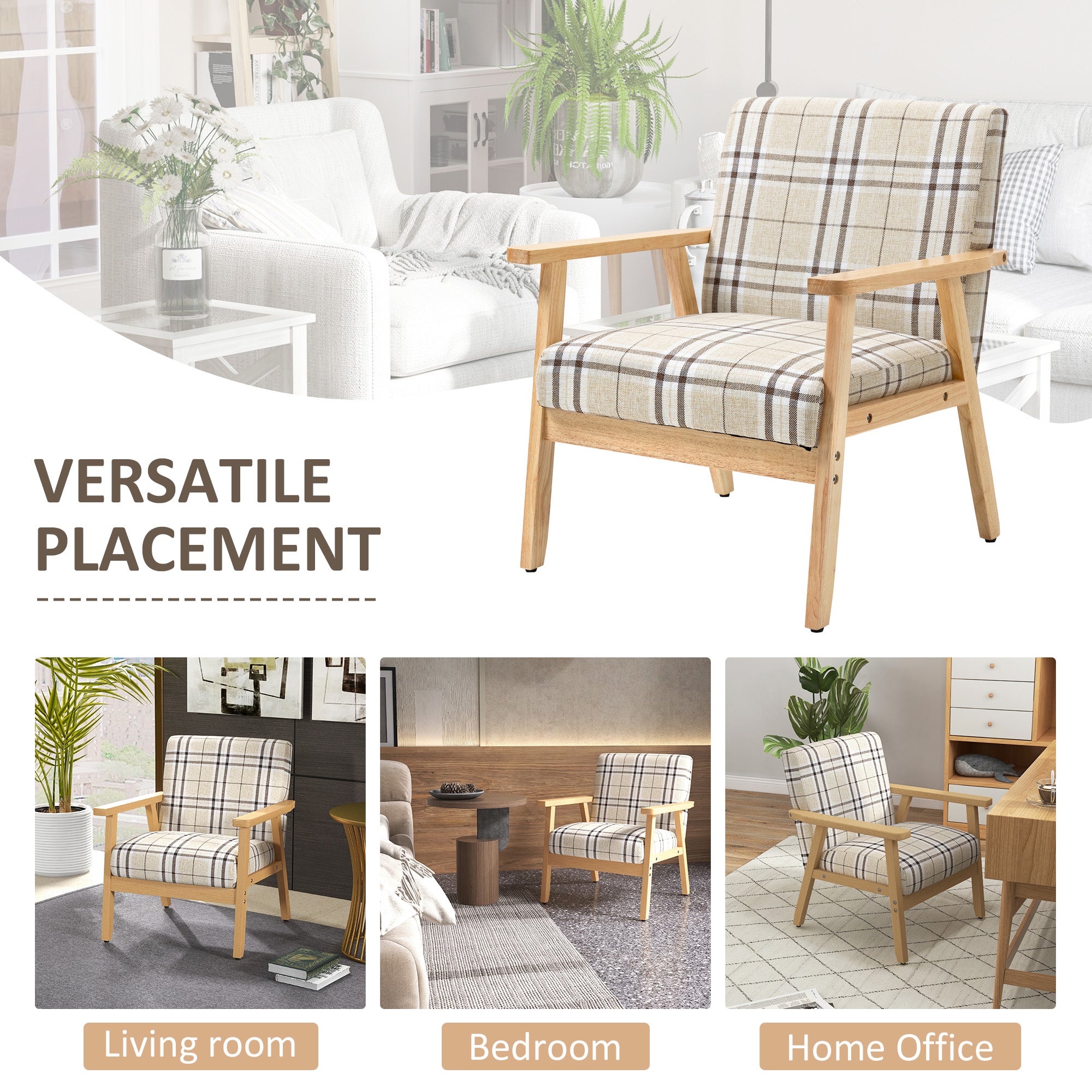 HOMCOM Modern One Seater Sofa for Living Room, Linen Fabric Small Couch with Rubber Wood Frame, Armrests, Lattice Pattern, Upholstered Armchair, Beige - North Peak Garden Furniture