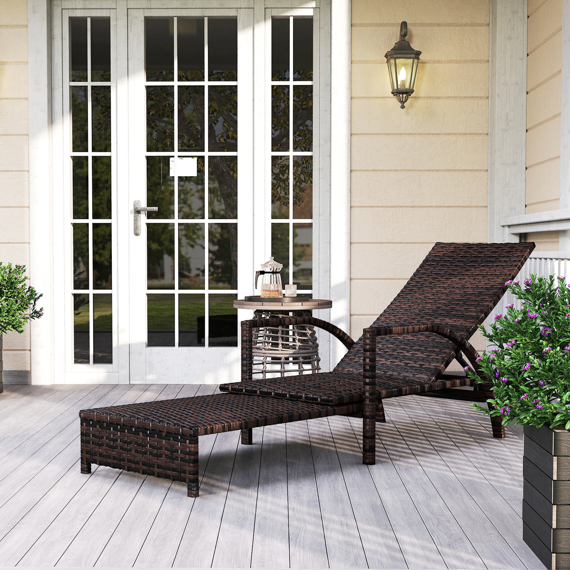 Outsunny PE Rattan Sun Lounger with Adjustable Backrest - Mixed-brown - North Peak Garden Furniture