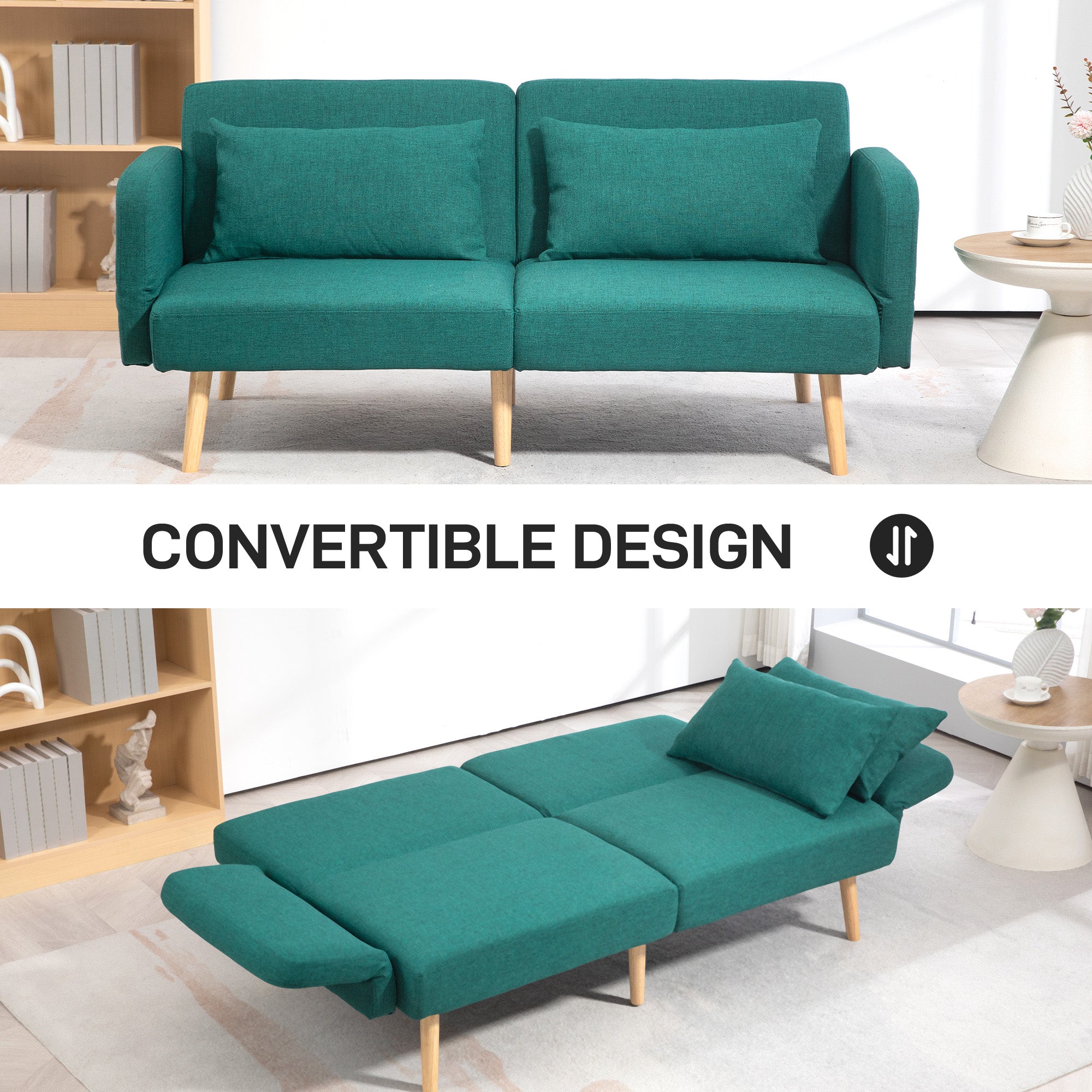 HOMCOM 2/3 Seater Sofa Bed, Convertible Bed Settee, Fabric Sofa Couch with 2 Cushions for Living Room, Guest Room, Green - North Peak Garden Furniture
