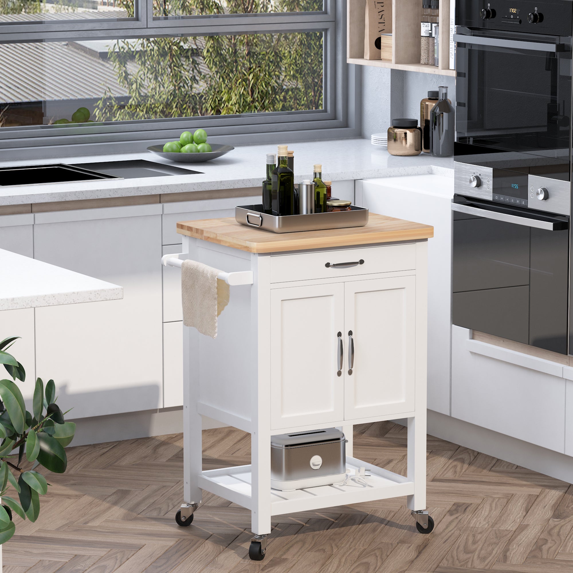 HOMCOM Kitchen Storage Trolley Cart Rolling Wheels Shelves Cupboard W/ Drawer And Towel Rail Rubber Wood Worktop White - North Peak Garden Furniture