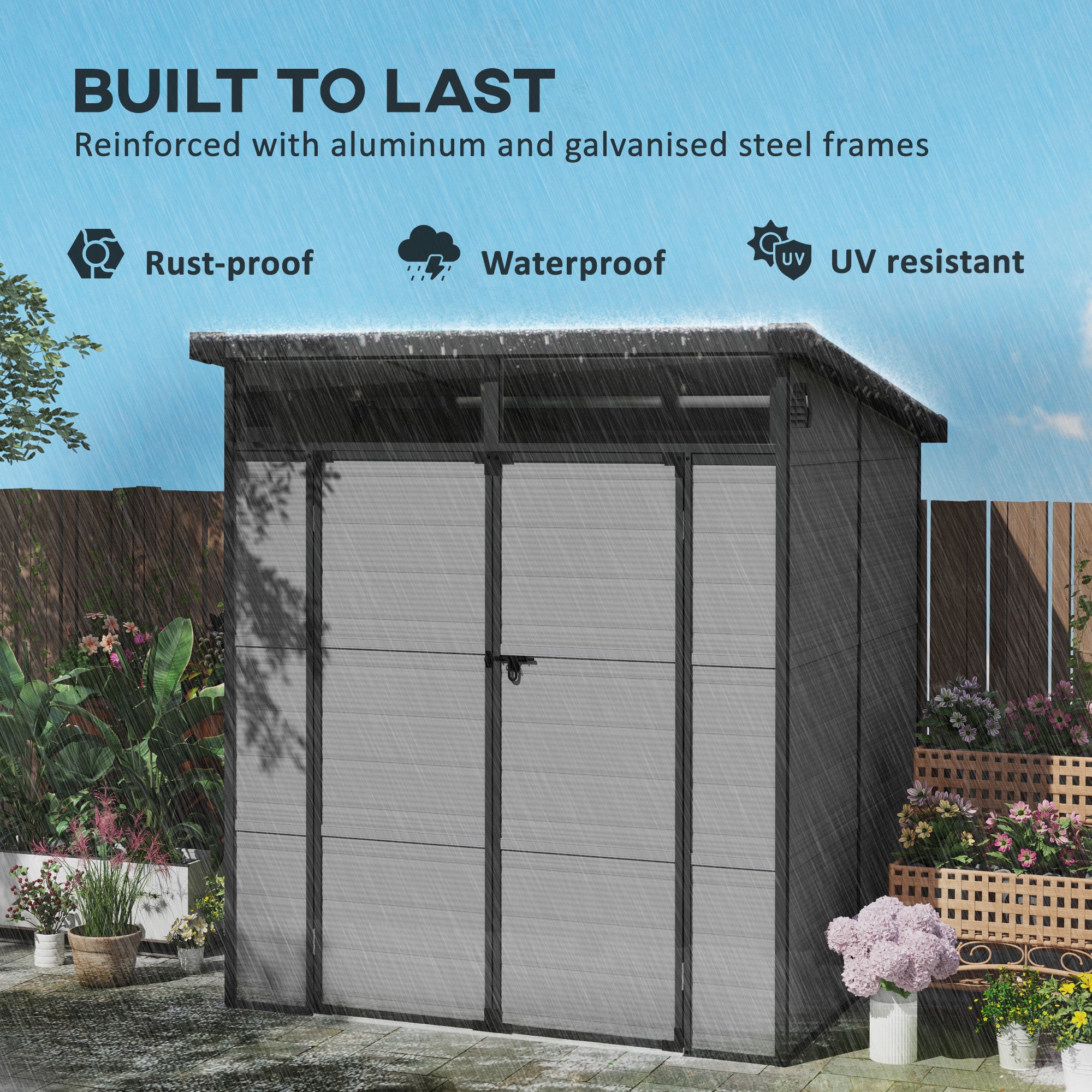 Outsunny 6 x 6ft Outdoor Storage Shed, Plastic Garden Shed with Windows and Air Vents, Outdoor Resin Tool Shed with Latch Doors for Garden, Deck, Light Grey - North Peak Garden Furniture