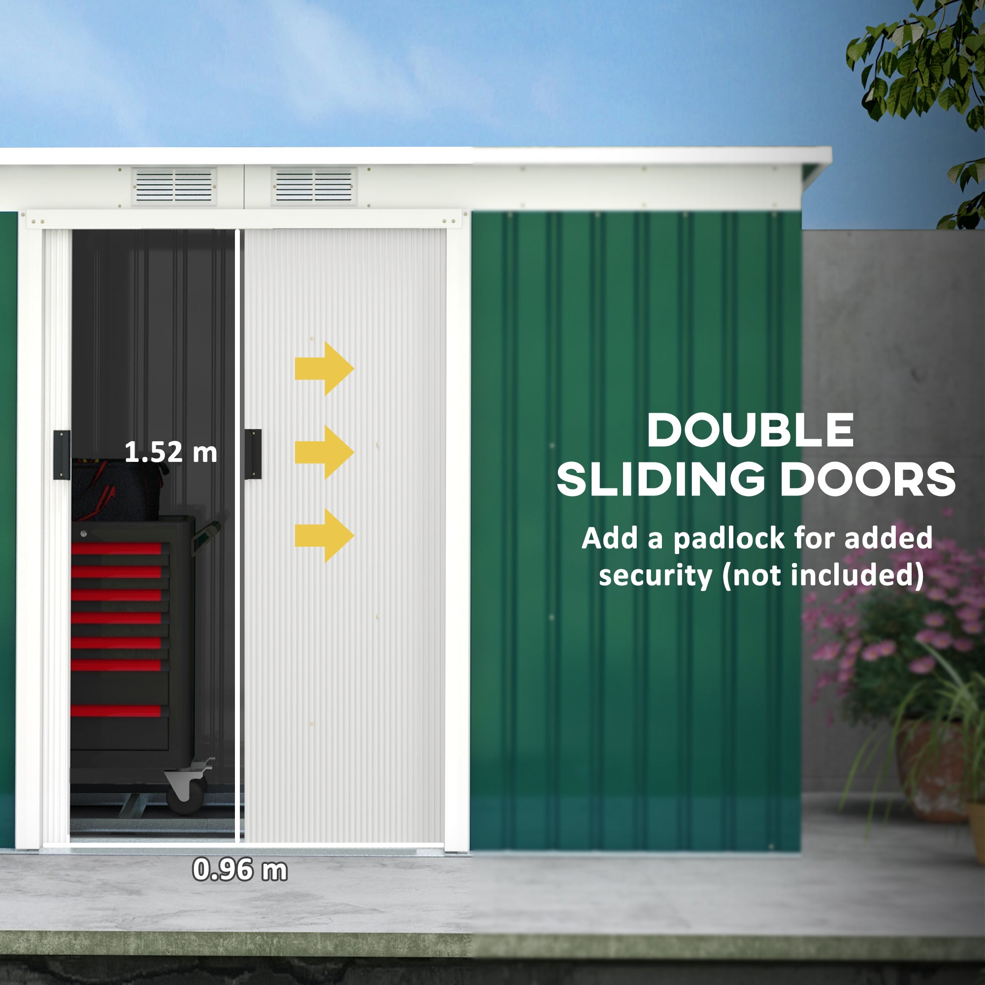 Outsunny 9ft x 4ft Metal Garden Shed, Outdoor Tool House with Foundation Kit, Ventilations and Double Doors, Deep Green - North Peak Garden Furniture