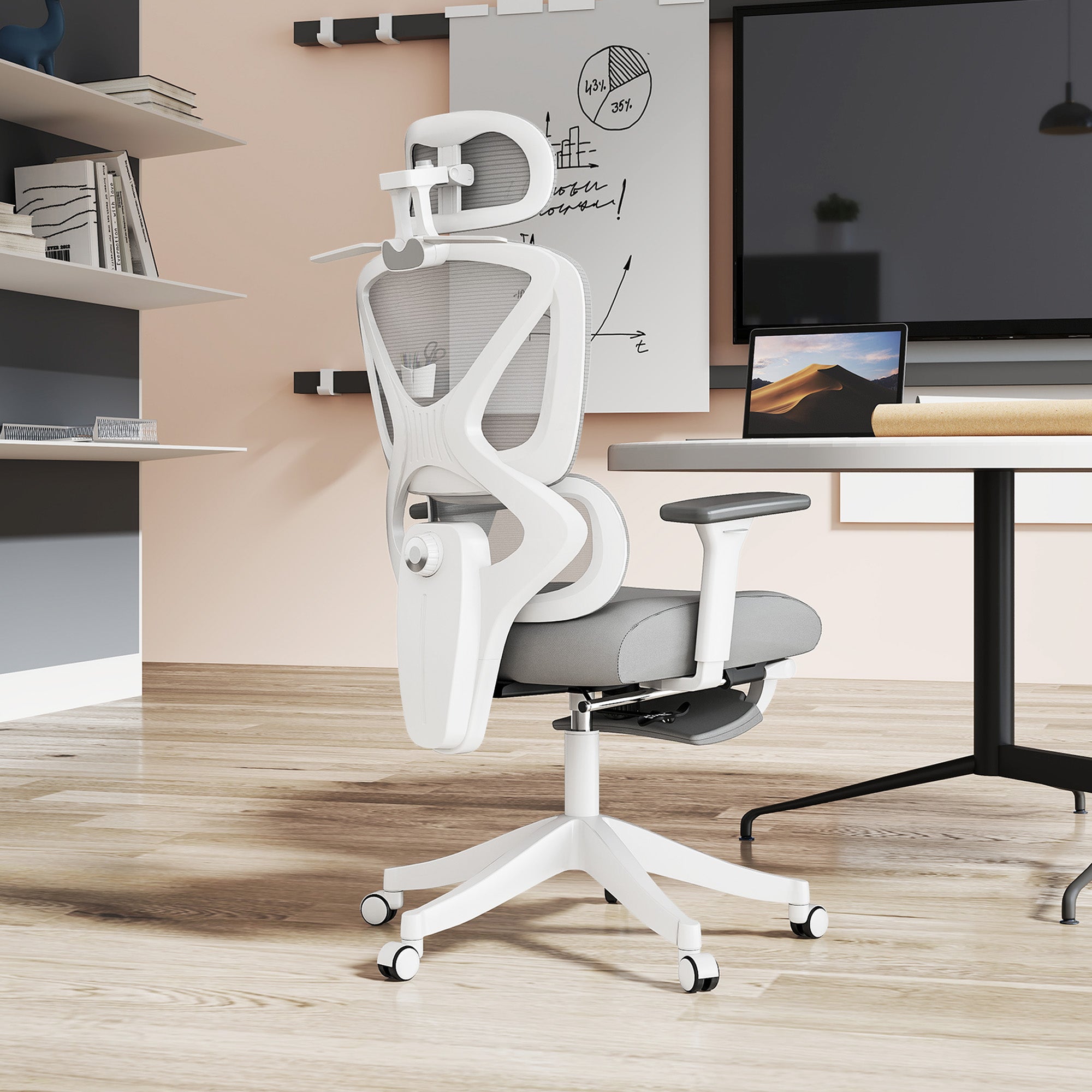 HOMCOM Executive Office Chair, Ergonomic Mesh Desk Chair with 3D Armrests, Rotatable Headrest, Adjustable Lumbar Support, Recliner Computer Swivel Chair with Footrest for Home Office, Grey - North Peak Garden Furniture