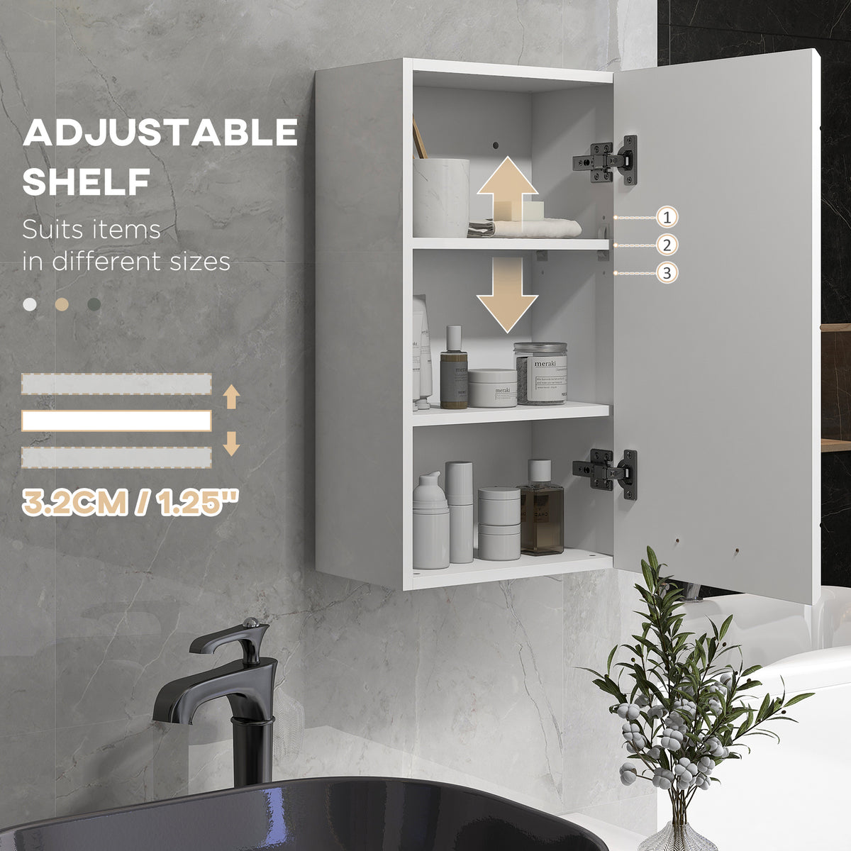 kleankin Bathroom Wall Cabinet, High Gloss Bathroom Storage Cabinet with Soft-Close Door, 3 Shelves, Adjustable Shelf, White