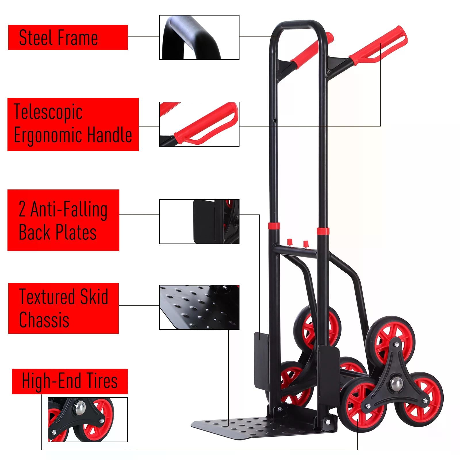 DURHAND Steel Climbing Handling Trolley w/Hand Trucks 6-Wheels Load Cart 150kg