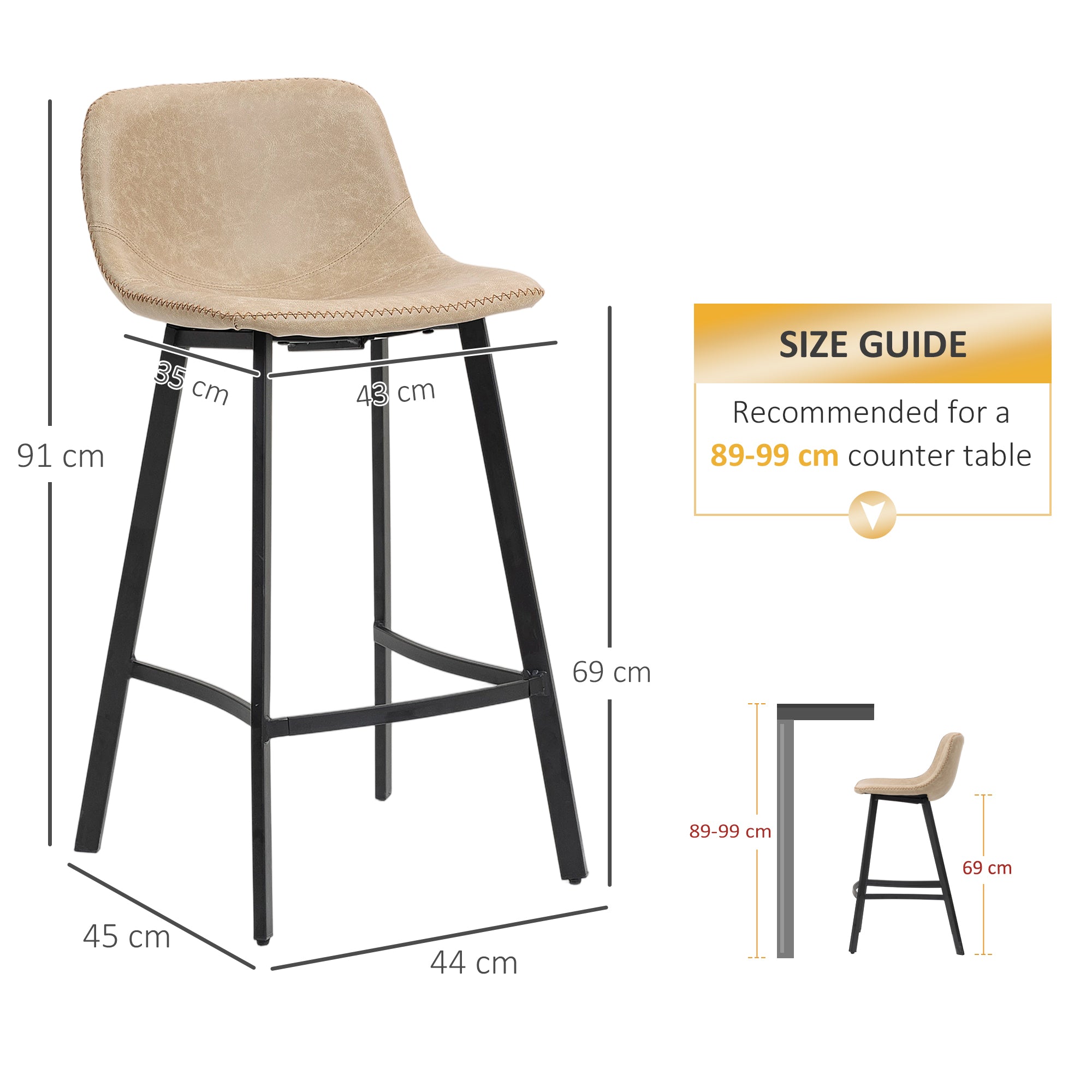 HOMCOM Bar Stools Set of 2, PU Leather Dining Stools with Backrest, Footrest, for Kitchen, Counter, Breakfast Bar, Light Brown