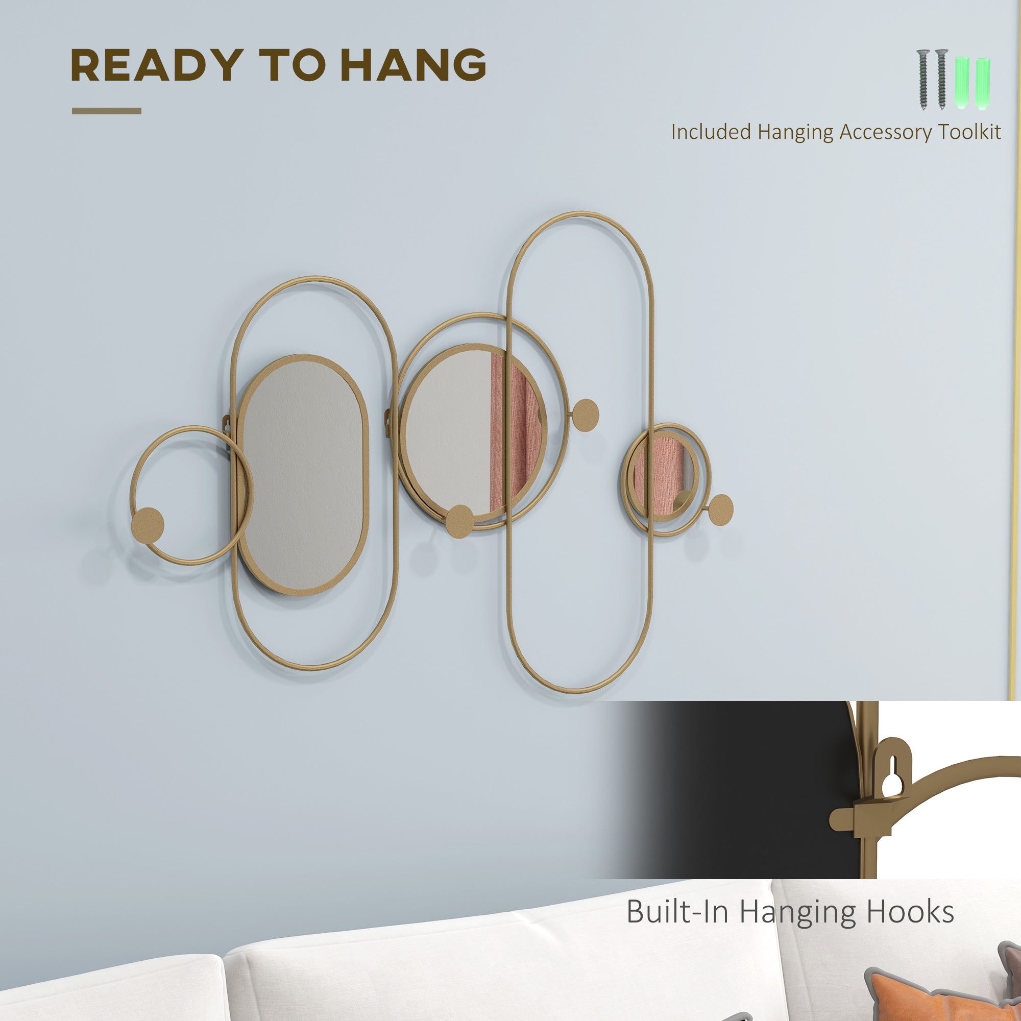 HOMCOM Metal Wall Mirror Decor with Coat Hooks, Modern Decorative Wall Art for Living Room Bedroom, Gold Tone