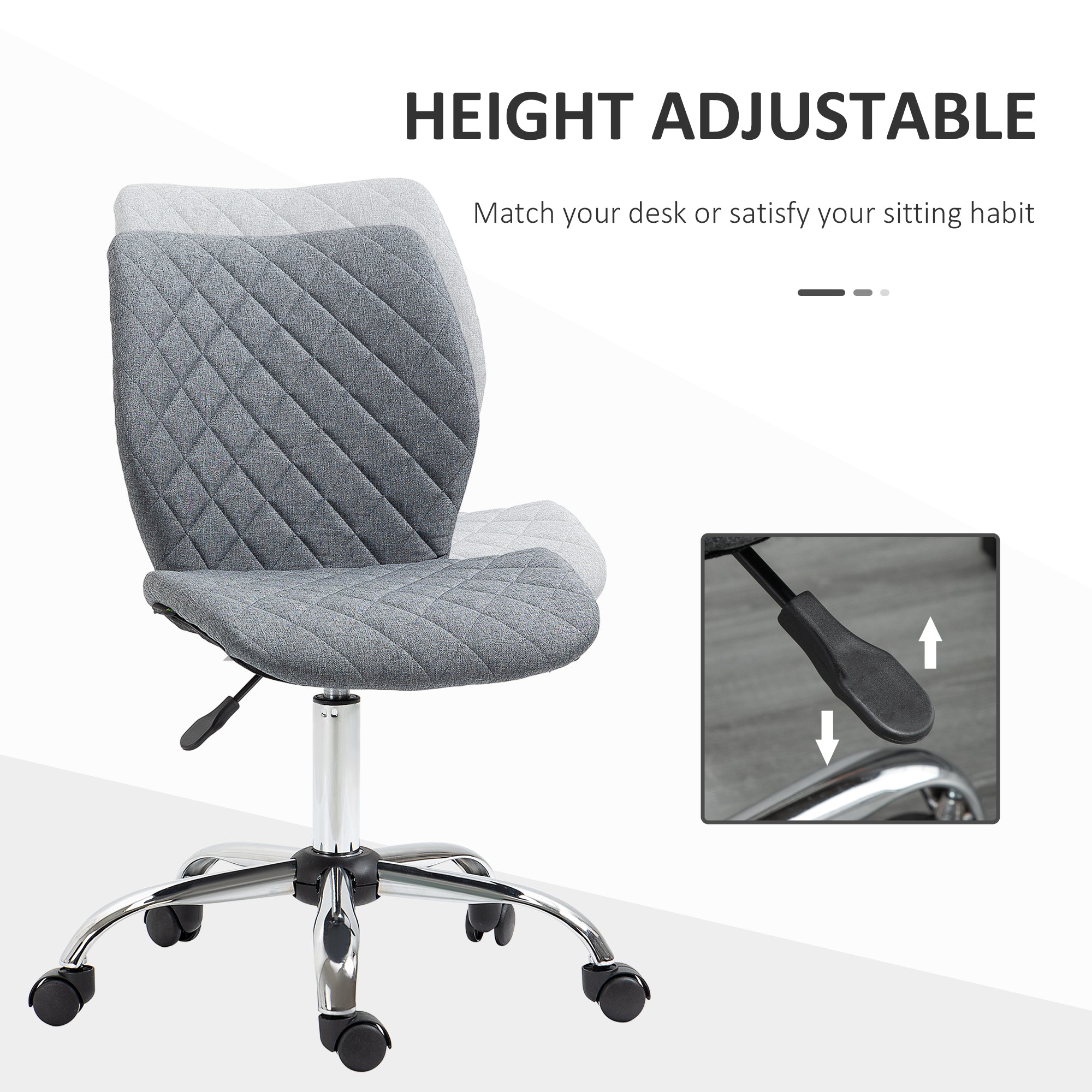 Vinsetto Armless Office Chair Adjustable Computer Chair Swivel Chair with Rolling Wheels and Linen Fabric Back Support for Home Office Students Study Grey