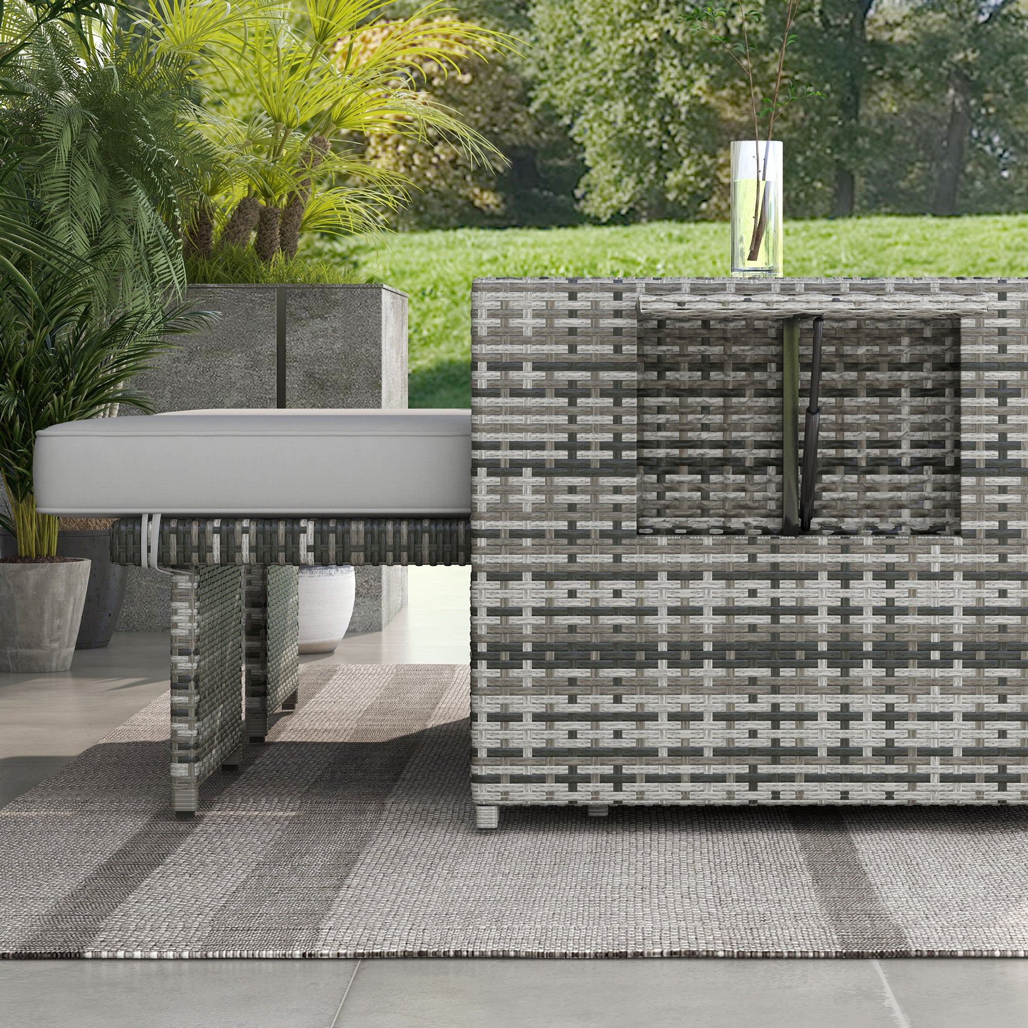 Outsunny Rattan Sun Lounger w/ Storage Tea Table & Footstools, Grey - North Peak Garden Furniture