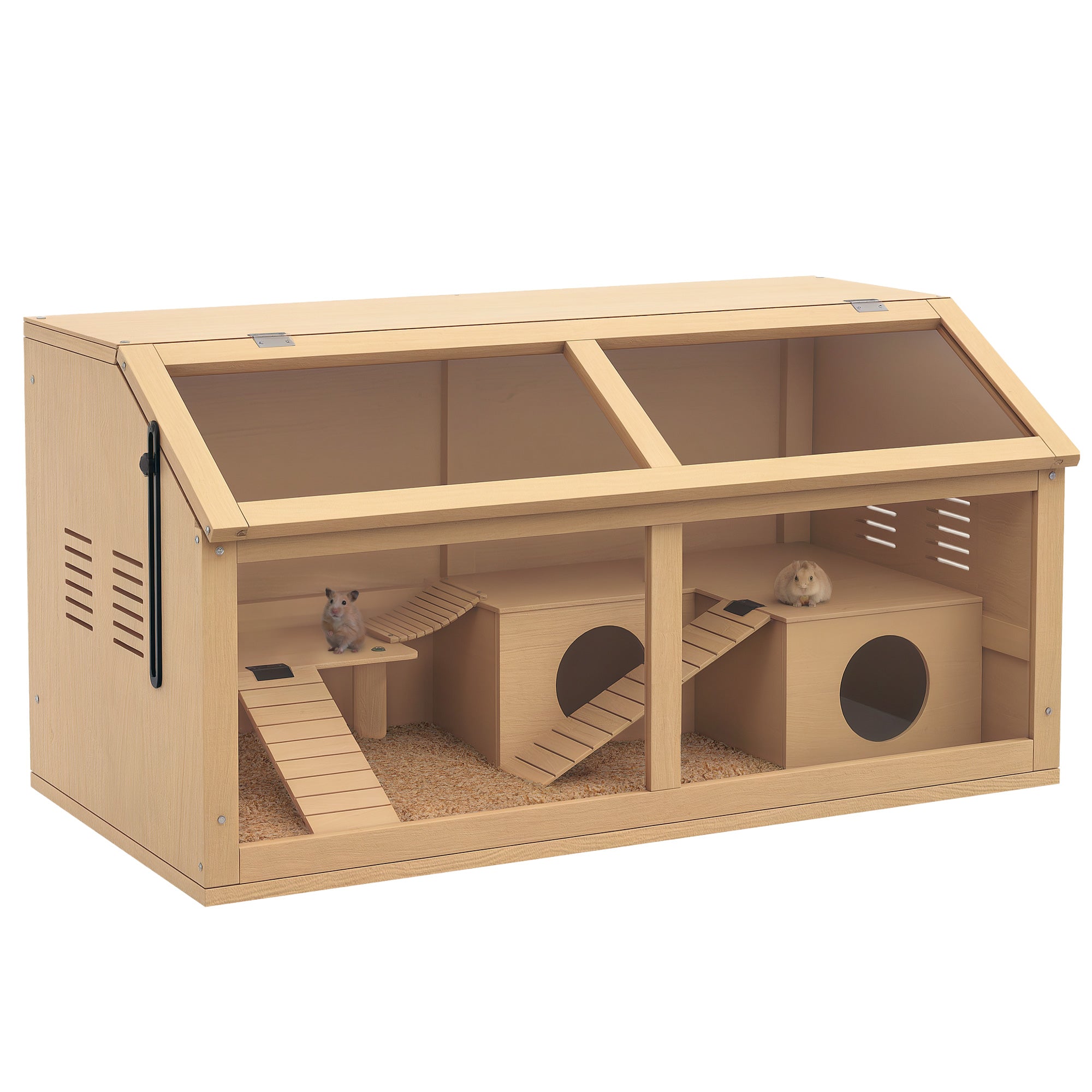 PawHut Hamster Cage, Wooden Small Animal Cage for Gerbils, Mice w/ Suspension Bridge, Openable Top, Hut, 85 x 45 x 44cm Nature