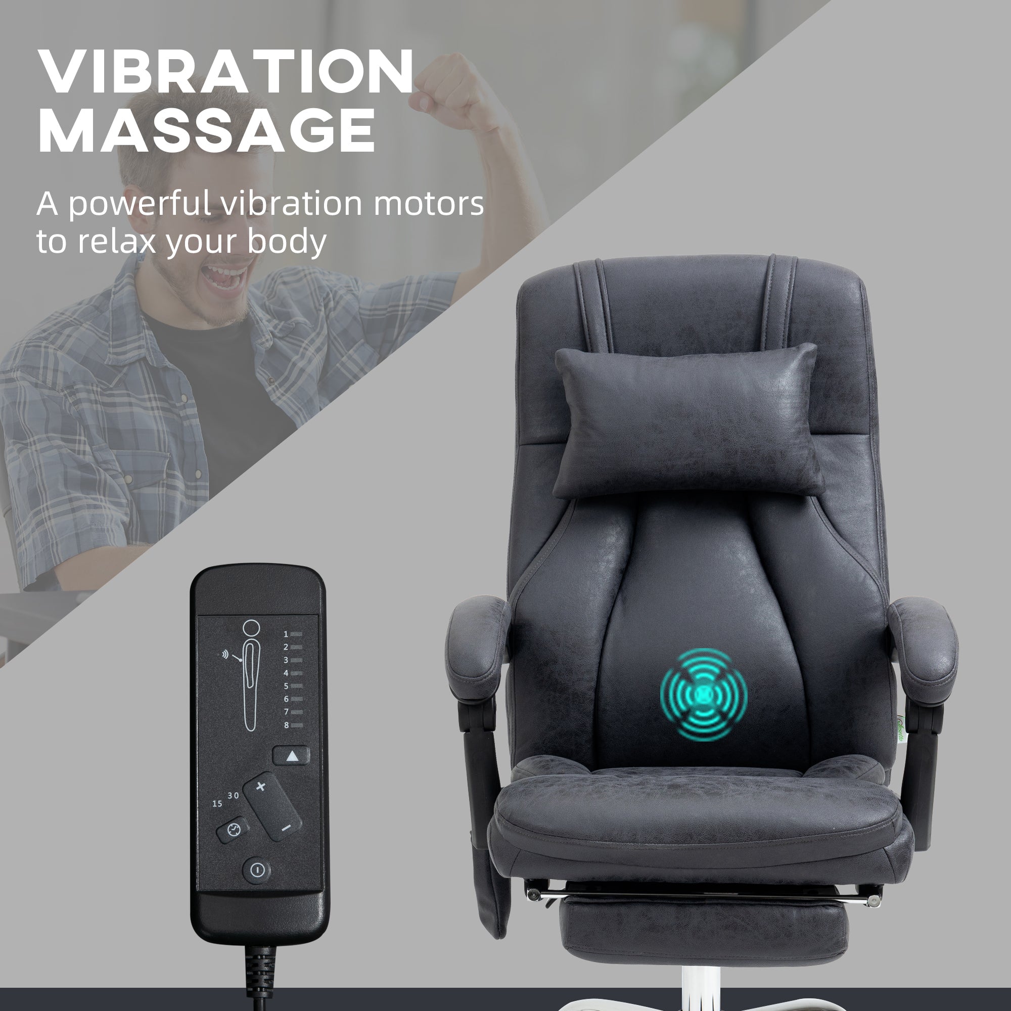 Vinsetto Office Chair with Lumbar Massage, 135° Reclining Computer Chair with Adjustable Headrest, Retractable Footrest, 10cm Double Padded Seat, Microfiber Fabric, Metal Base, Dark Grey - North Peak Garden Furniture