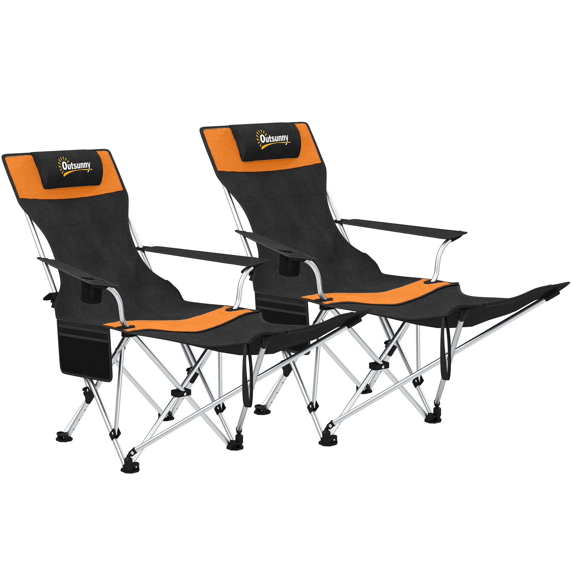 Outsunny Set of 2 Reclining Folding Camping Chair w/ Detachable Footrest, Storage Bag, Cup Holder & Headrest, Lightweight Portable Camp Chair for Beach, Picnic, Orange and Black - North Peak Garden Furniture