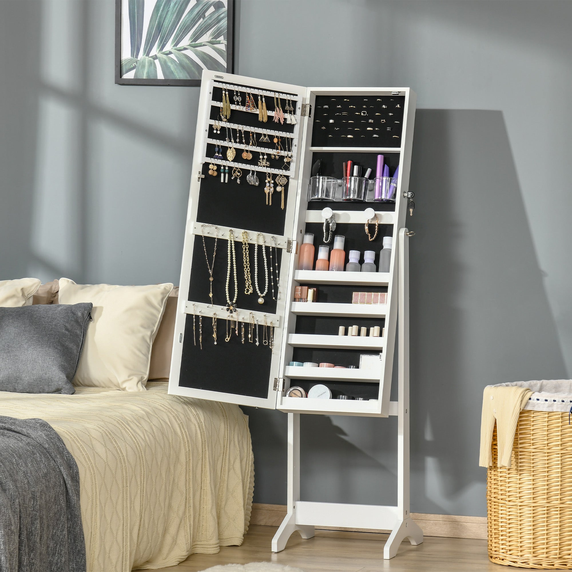 HOMCOM Jewellery Cabinet with LED Light, Lockable Jewellery Organiser with Full-Length Mirror for Bedroom Dressing Room, White - North Peak Garden Furniture
