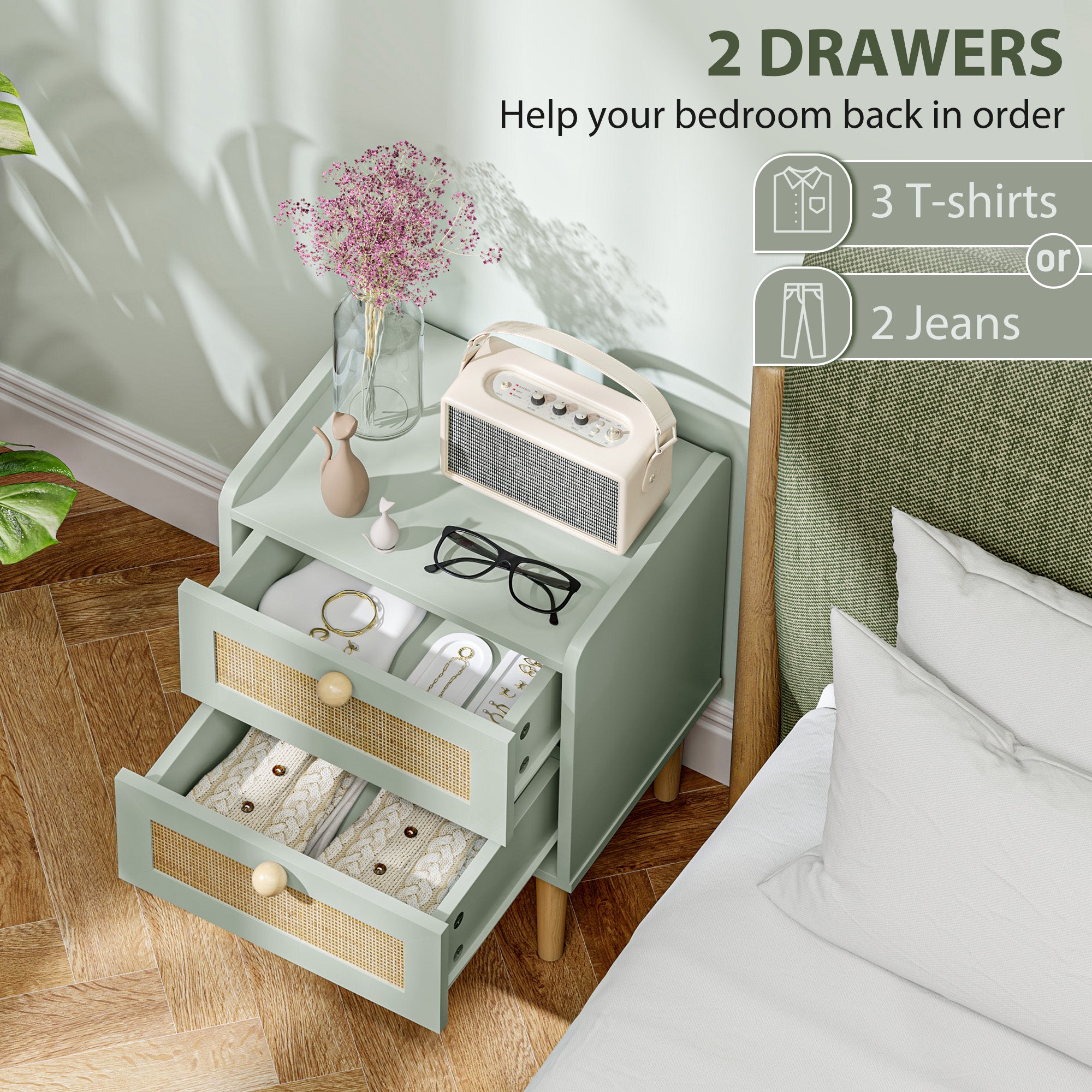 HOMCOM Bedroom Chest of Drawers, Boho Rattan Dresser with 2 Drawers, Storage Cabinet for Living Room, Hallway, Entryway, Olive Green - North Peak Garden Furniture