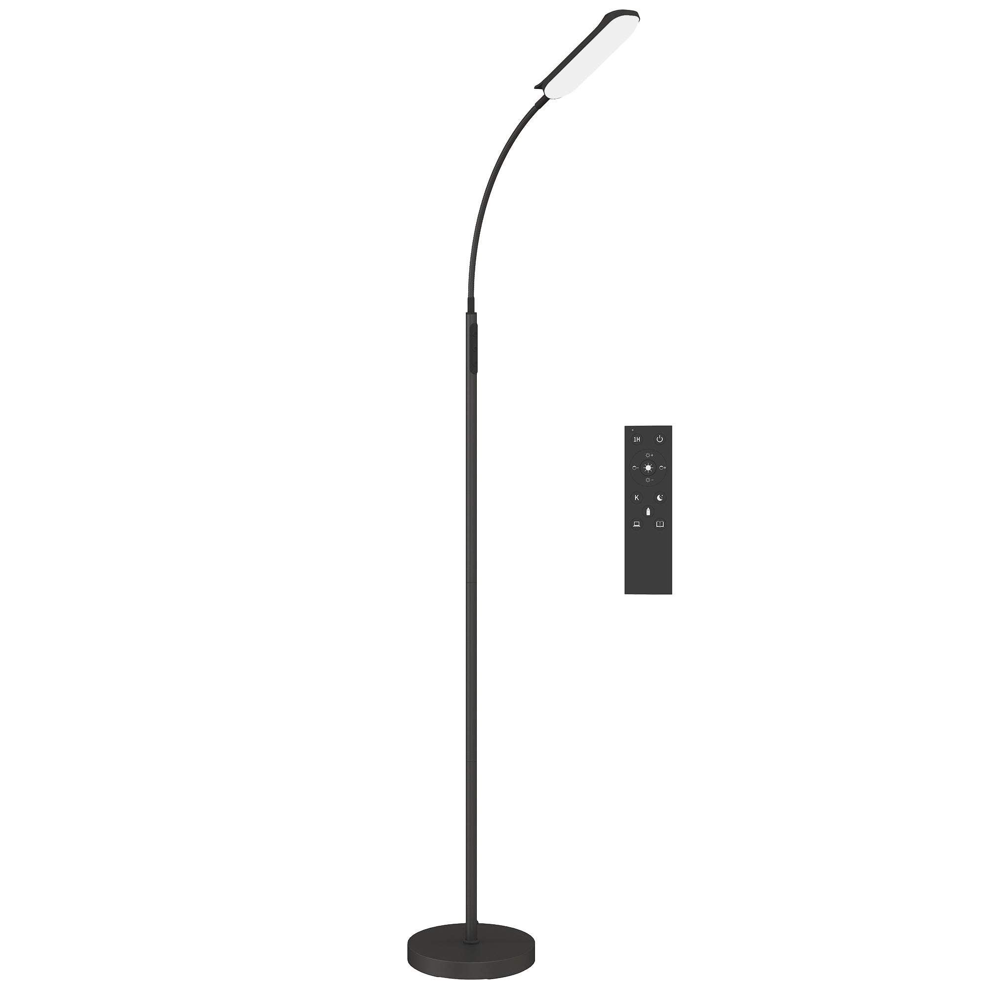 HOMCOM LED Floor Lamp, Standing Lamp with Remote & Touch Control, Stepless Dimmable Colours Temperature & Brightness, 360° Adjustable Gooseneck, 1 Hour Timer, Memory Function for Living Room, Black - North Peak Garden Furniture