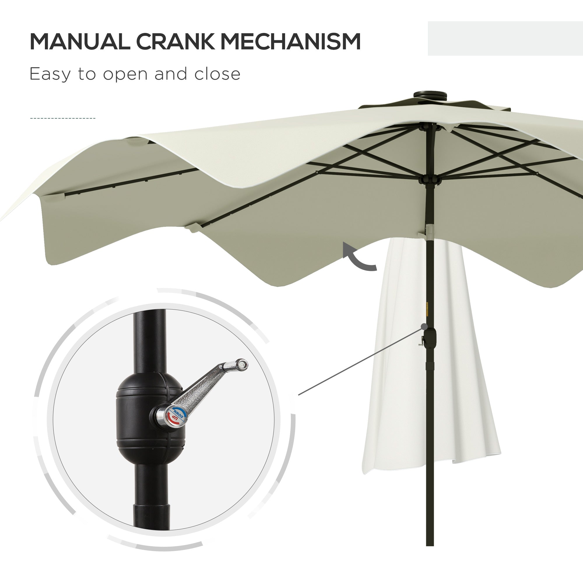 Outsunny Solar Patio Umbrella with LED and Tilt, Outdoor Market Table Umbrella Parasol with Crank, 3 x 3 (m), Cream White - North Peak Garden Furniture