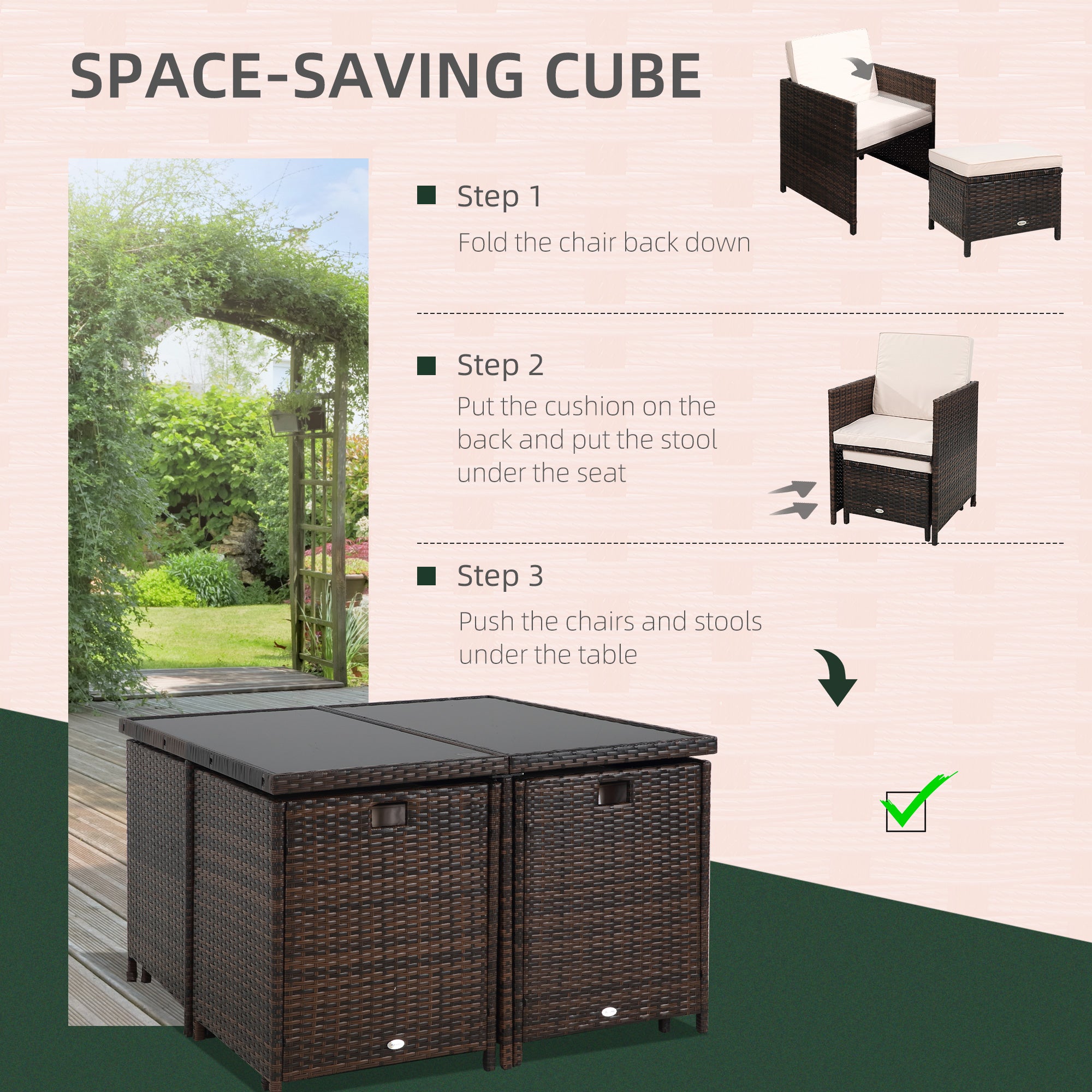 Outsunny 8 Seater Rattan Cube Garden Furniture Set, Rattan Dining Set with Cushions, Outdoor Dining Table and Chairs with 4 Armchairs, 4 Stools, Square Glass Top Table for Patio, Balcony, Brown - North Peak Garden Furniture