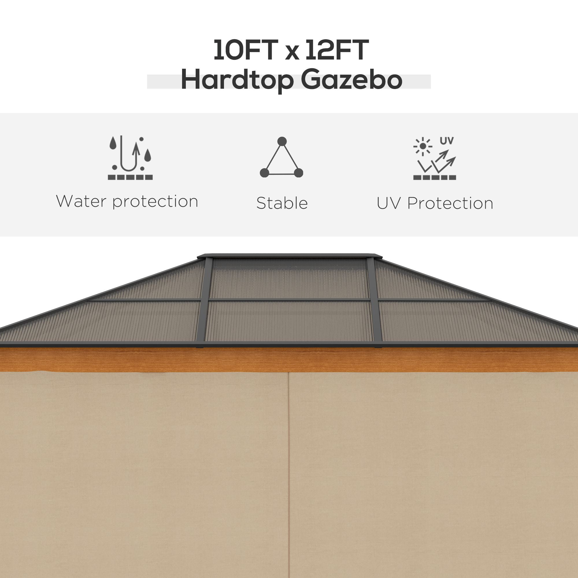 Outsunny 3 x 3.6 m Hardtop Gazebo Canopy, Polycarbonate Roof Garden Pavilion with Aluminium and Steel Frame, Nettings and Sidewalls for Garden, Patio, Khaki - North Peak Garden Furniture