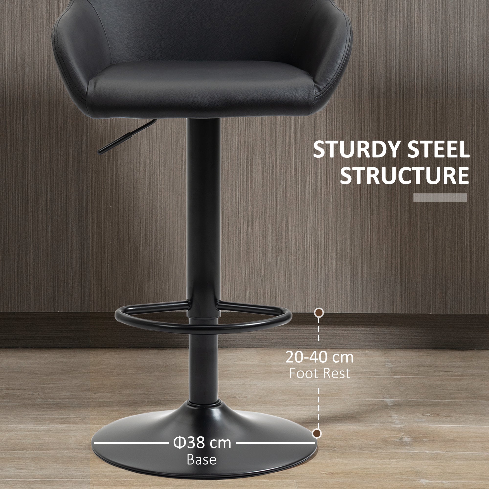 HOMCOM Adjustable Bar Stools Set of 2, Swivel Barstools with Footrest and Backrest, PU Leather and Steel Base, for Kitchen Counter and Dining Room, Black - North Peak Garden Furniture
