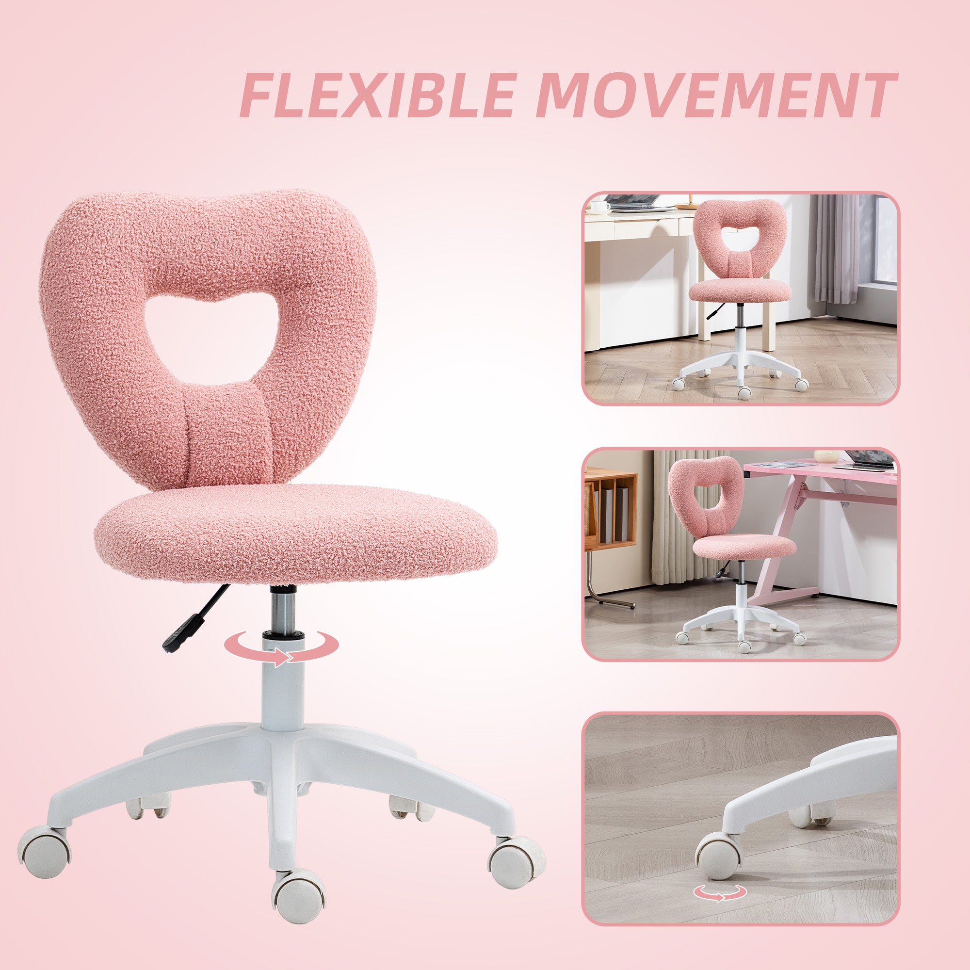 HOMCOM Armless Heart Computer Desk Chair, Teddy Fleece Swivel Office Chair, Makeup Vanity Chair with Height Adjustable, Wheels, for Home Study Bedroom, Pink - North Peak Garden Furniture