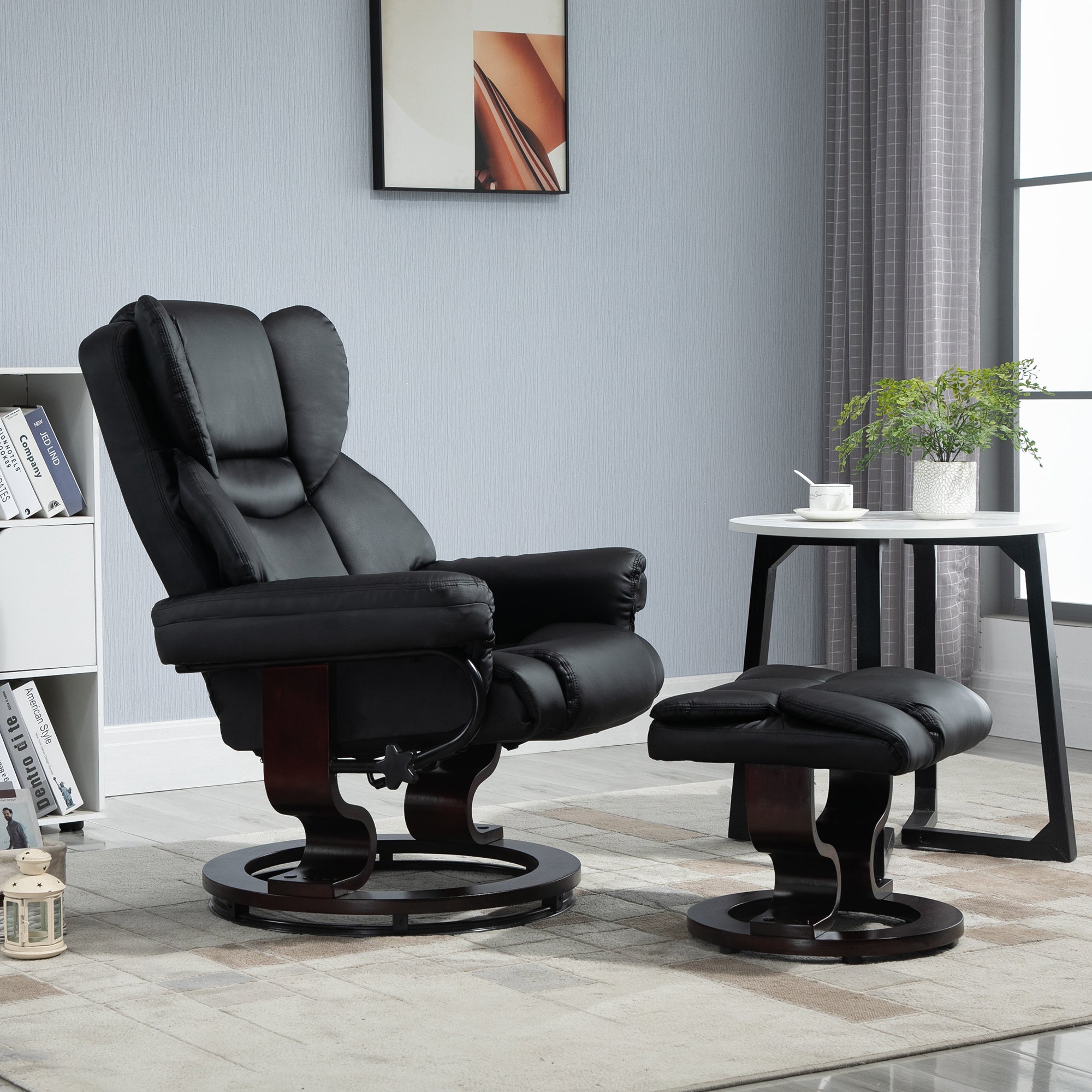 HOMCOM Faux Leather Recliner Chair and Footstool, Swivel Upholstered Armchair and Footstool with Adjustable Backrest, Solid Wood Base for Living Room, Black - North Peak Garden Furniture