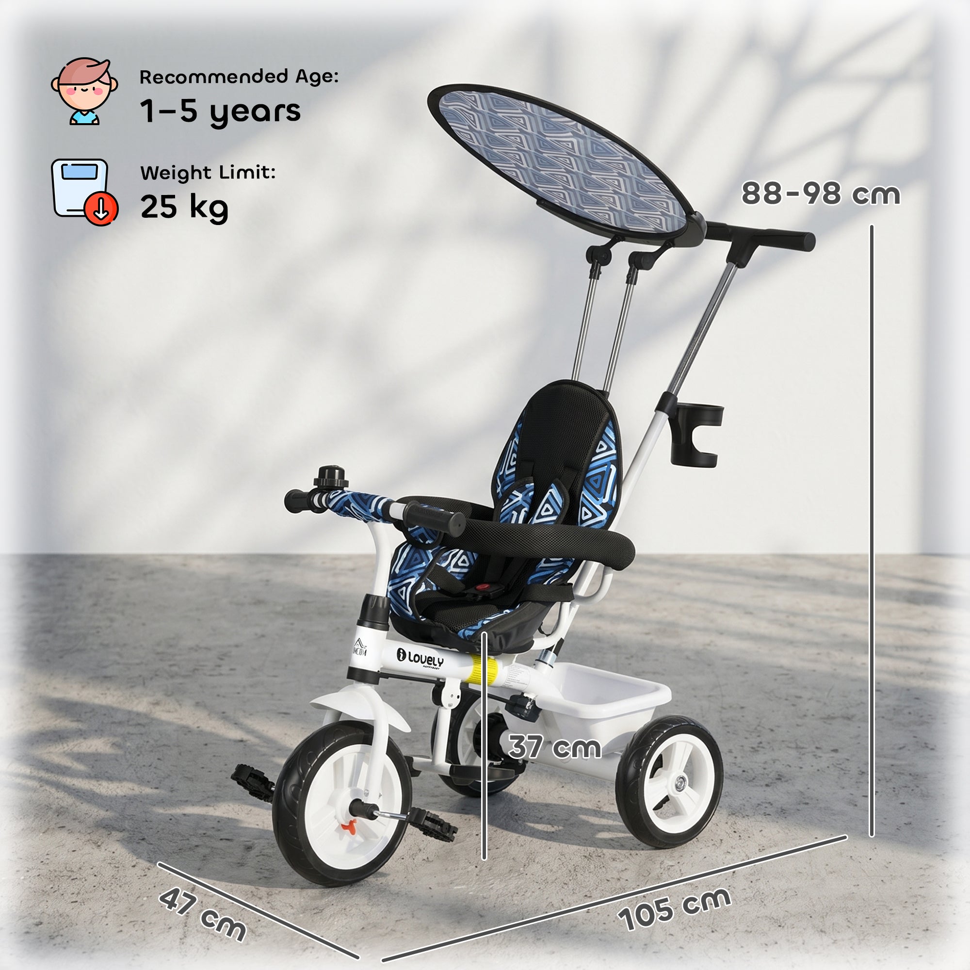 HOMCOM 6 in 1 Tricycle for Kids with 5-point harness straps, Removable Canopy, Blue
