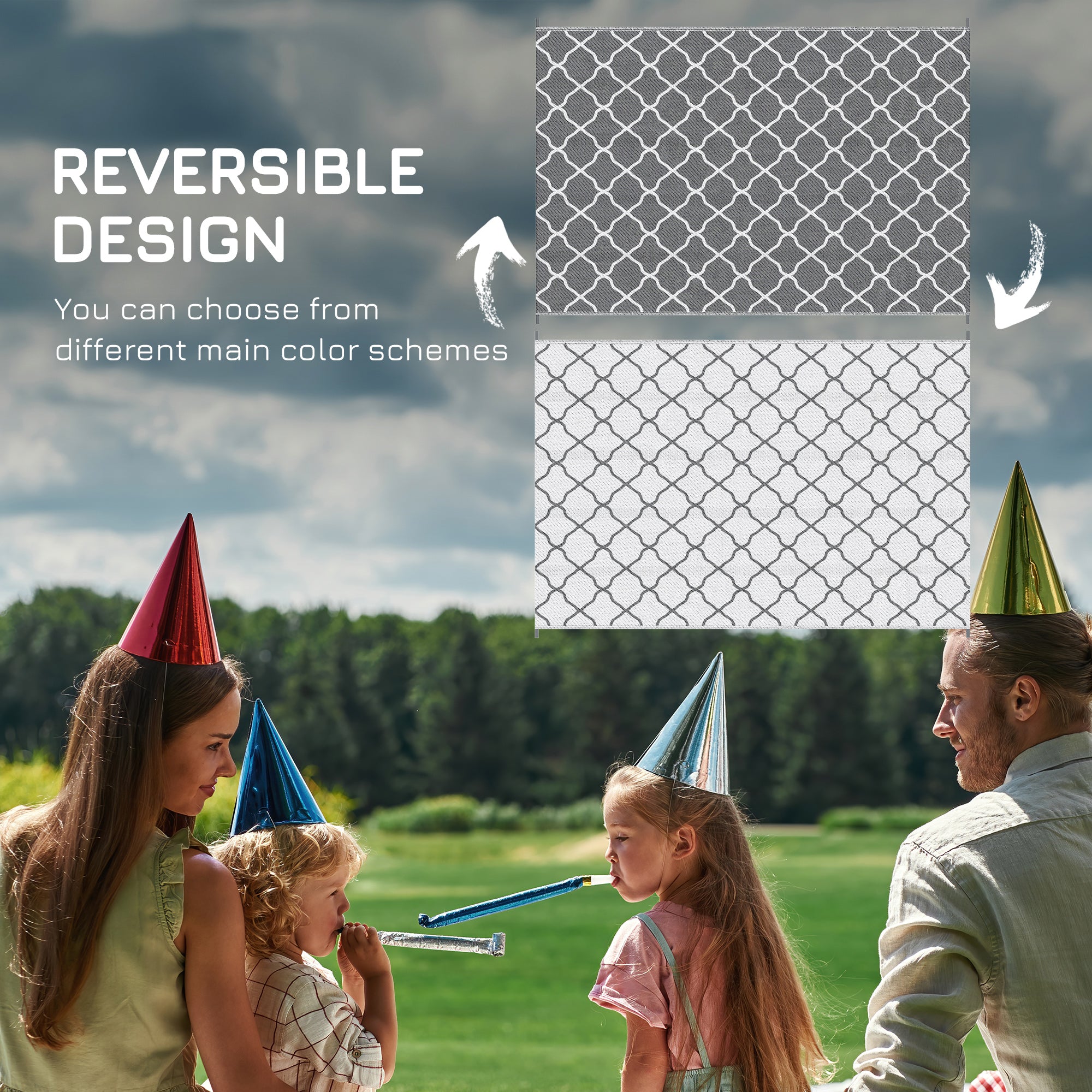 Outsunny Reversible Outdoor Rug with Carry Bag, Waterproof Plastic Straw Mat for Garden, Deck, RV, Picnic, Beach, Camping, 182 x 274cm, Grey - North Peak Garden Furniture
