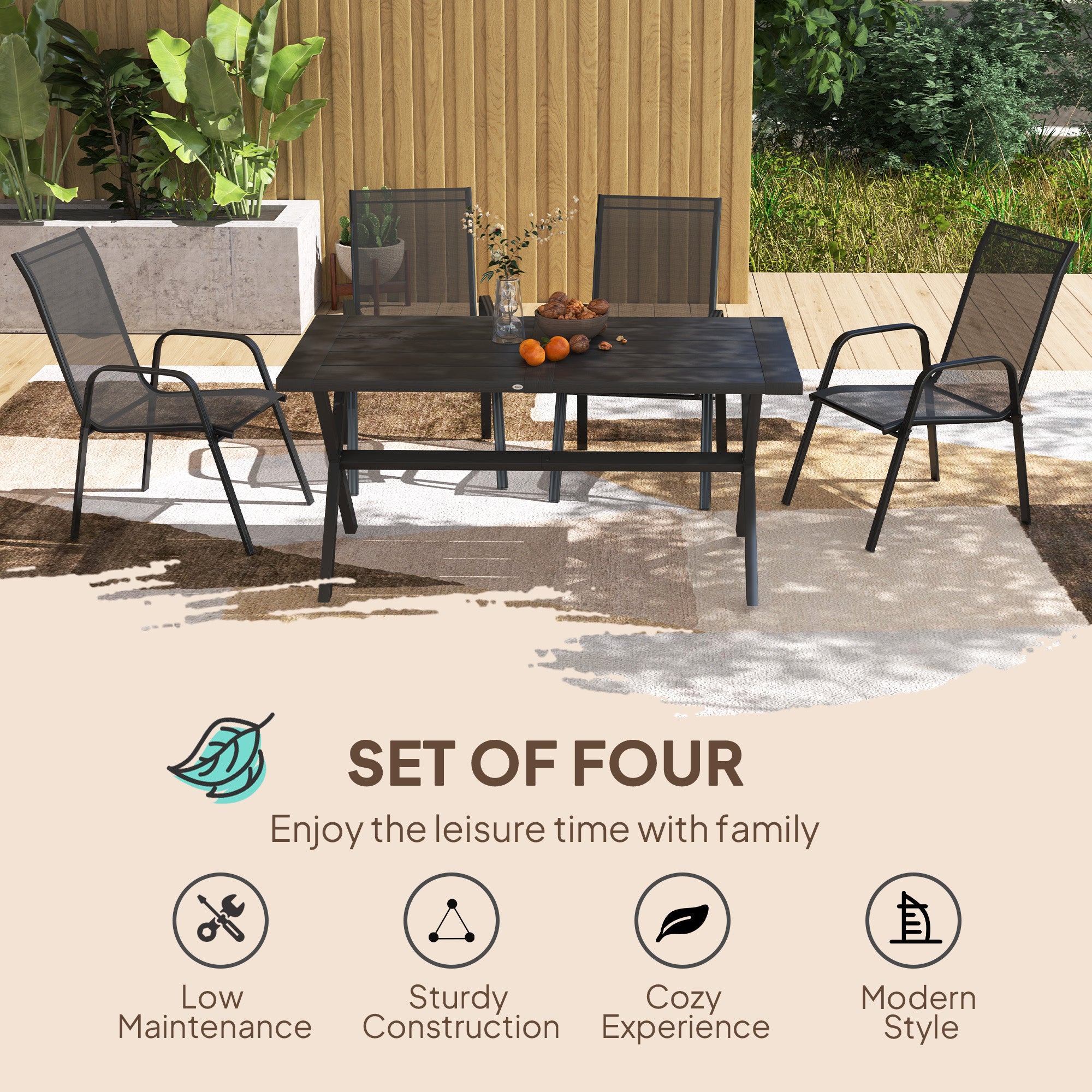 Outsunny Set of Four Stackable Mesh Seat Chairs - Black - North Peak Garden Furniture