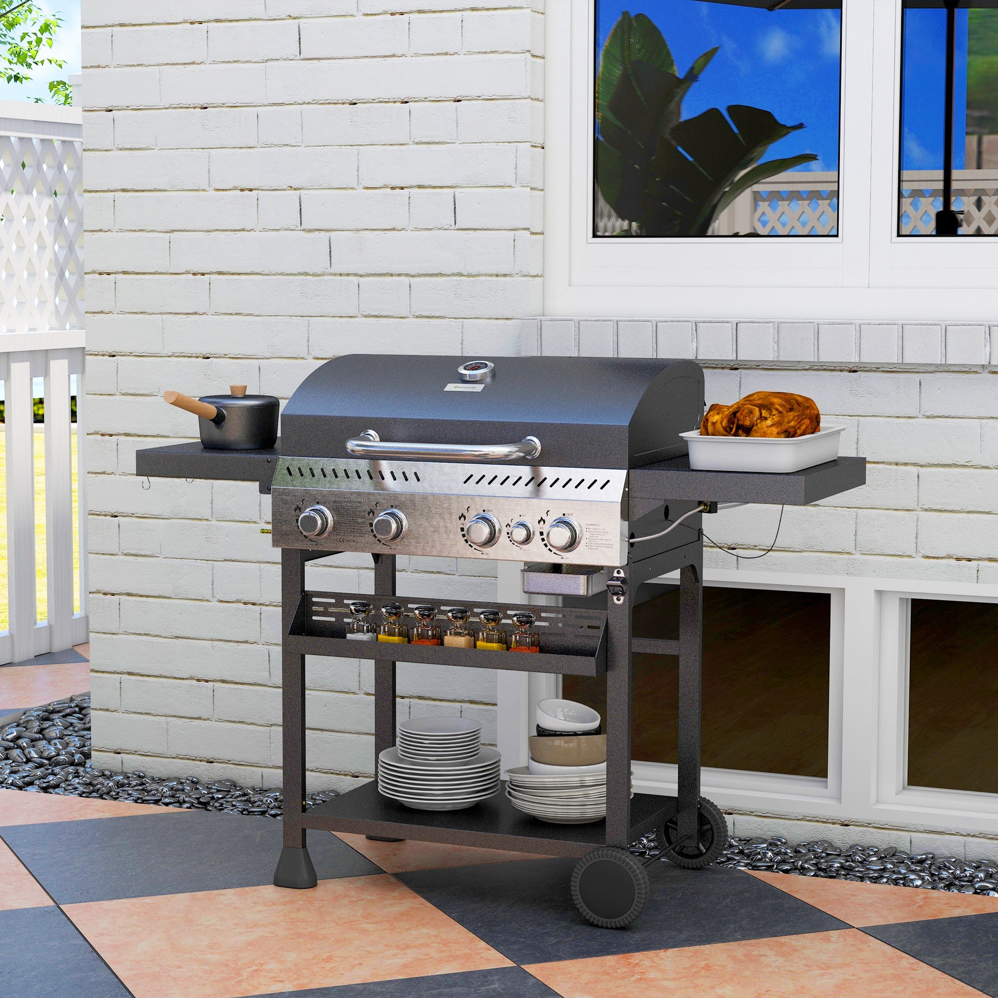 Outsunny Five-Burner Steel Gas Grill, with Thermometer - Black - North Peak Garden Furniture