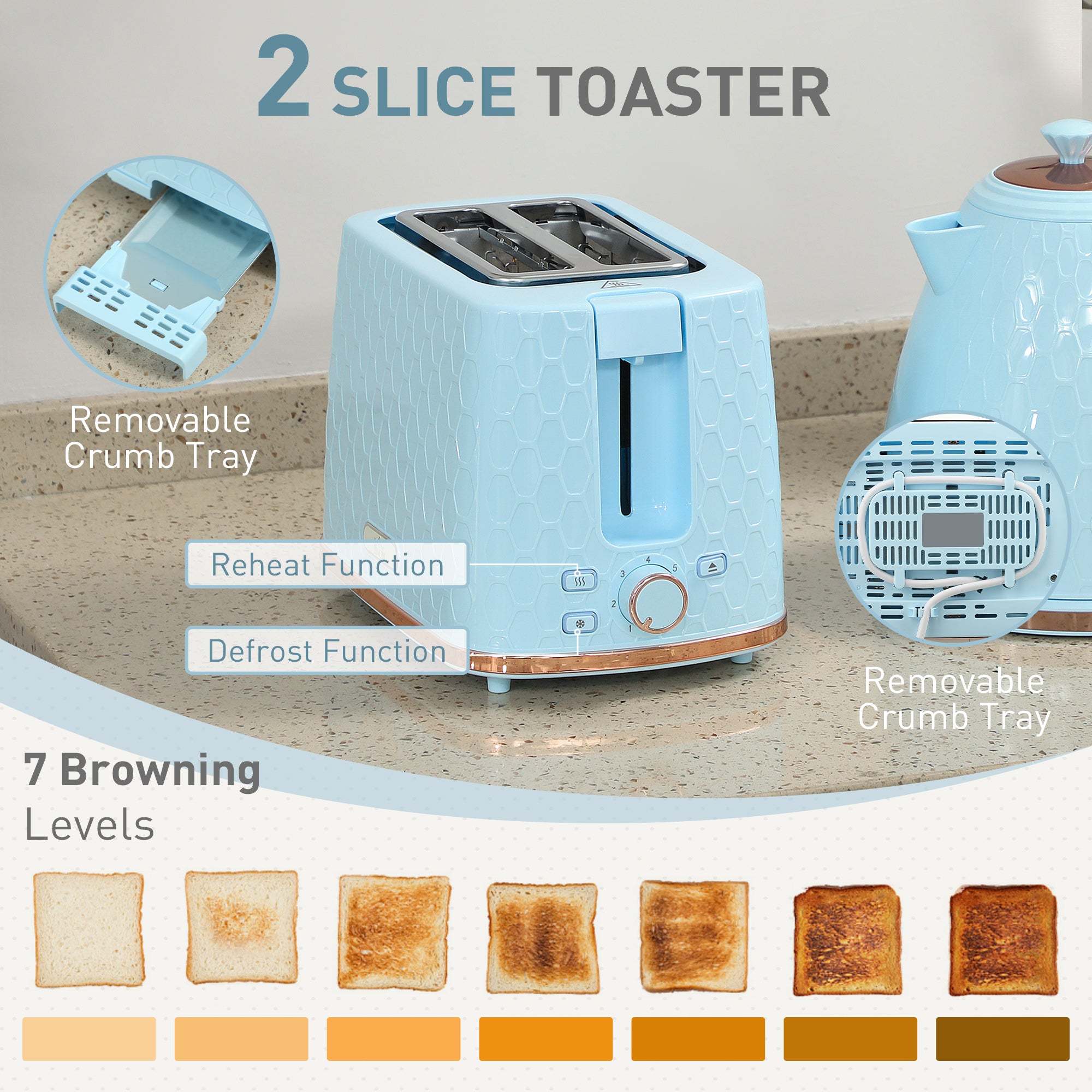 HOMCOM 1.7L 3000W Fast Boil Kettle & 2 Slice Toaster Set, Kettle and Toaster Set with Auto Shut Off, Browning Controls, Light Blue